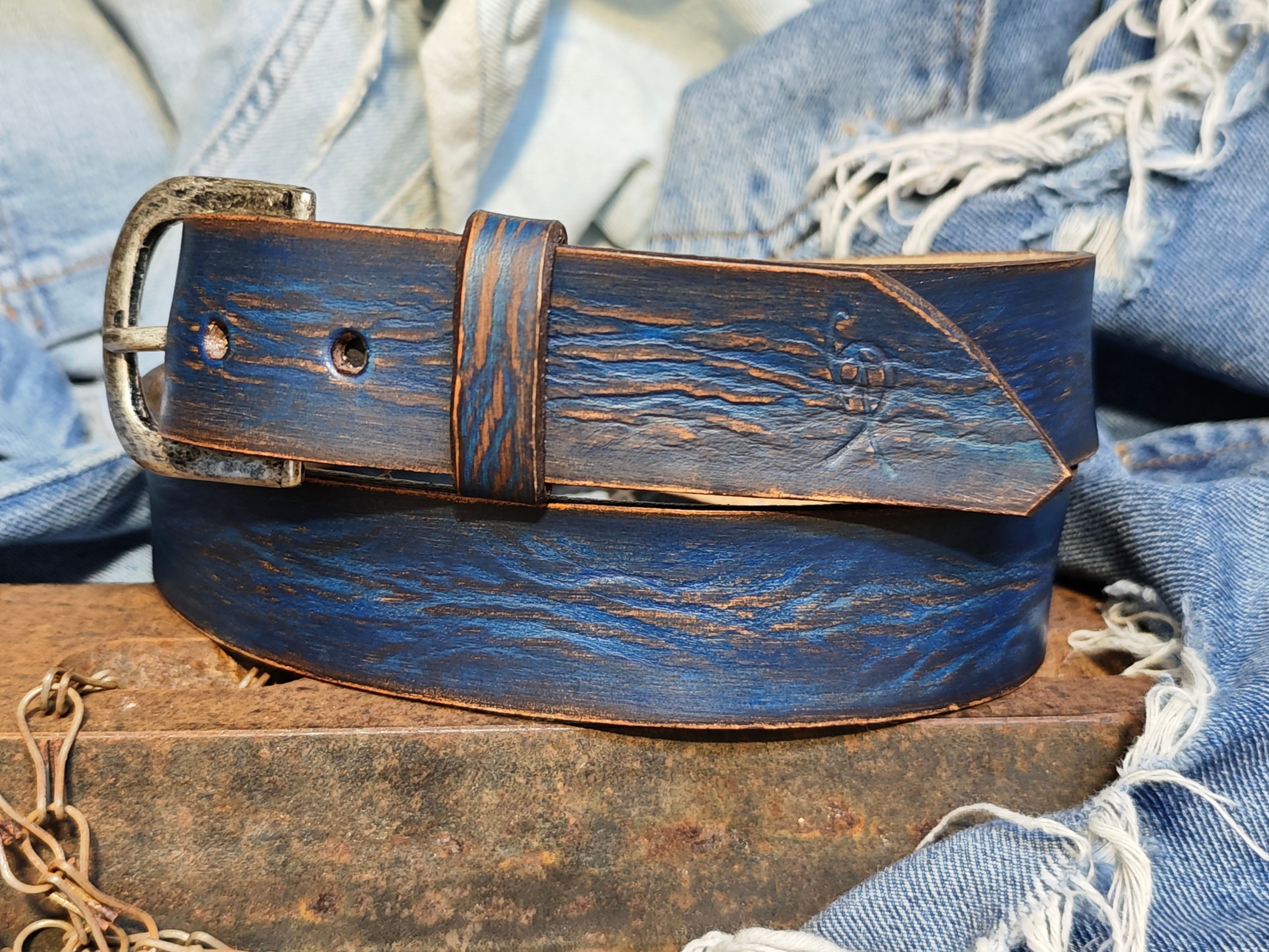 Men's blue Leather vintage style Belt, Custom Men's Leather Accessories and belts for him.