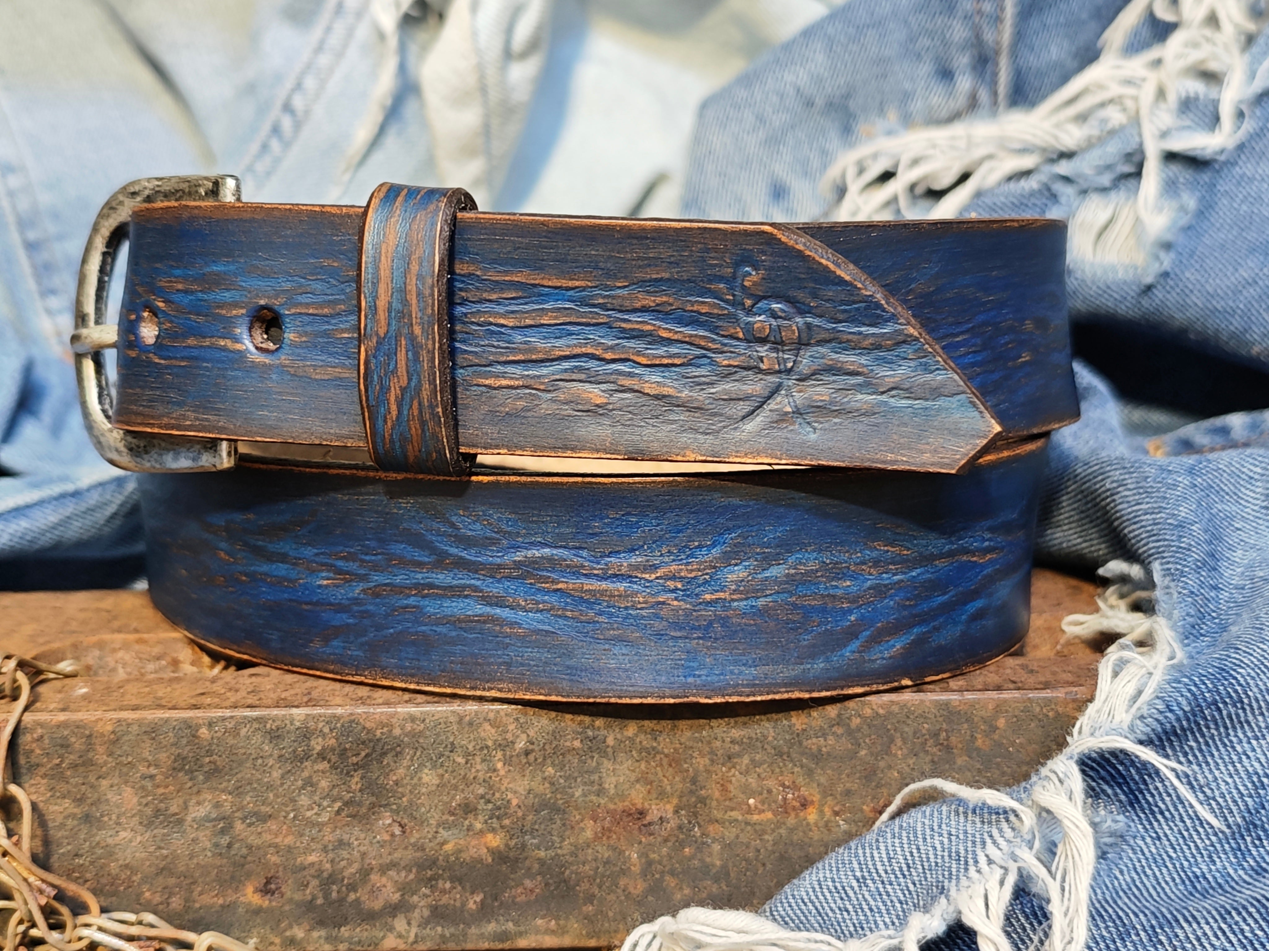 Men's blue Leather vintage style Belt, Custom Men's Leather Accessories and belts for him.