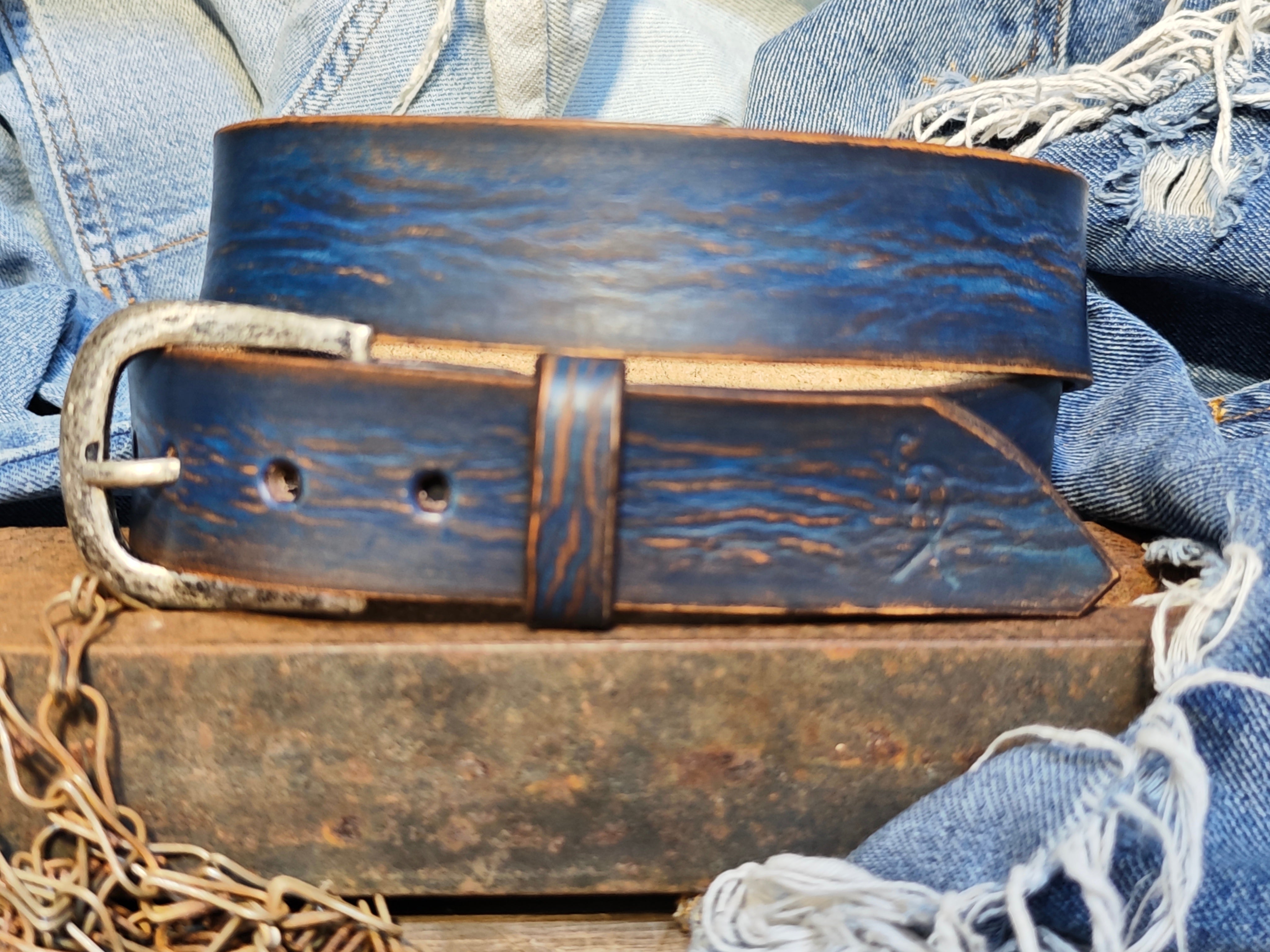 Men's blue Leather vintage style Belt, Custom Men's Leather Accessories and belts for him.