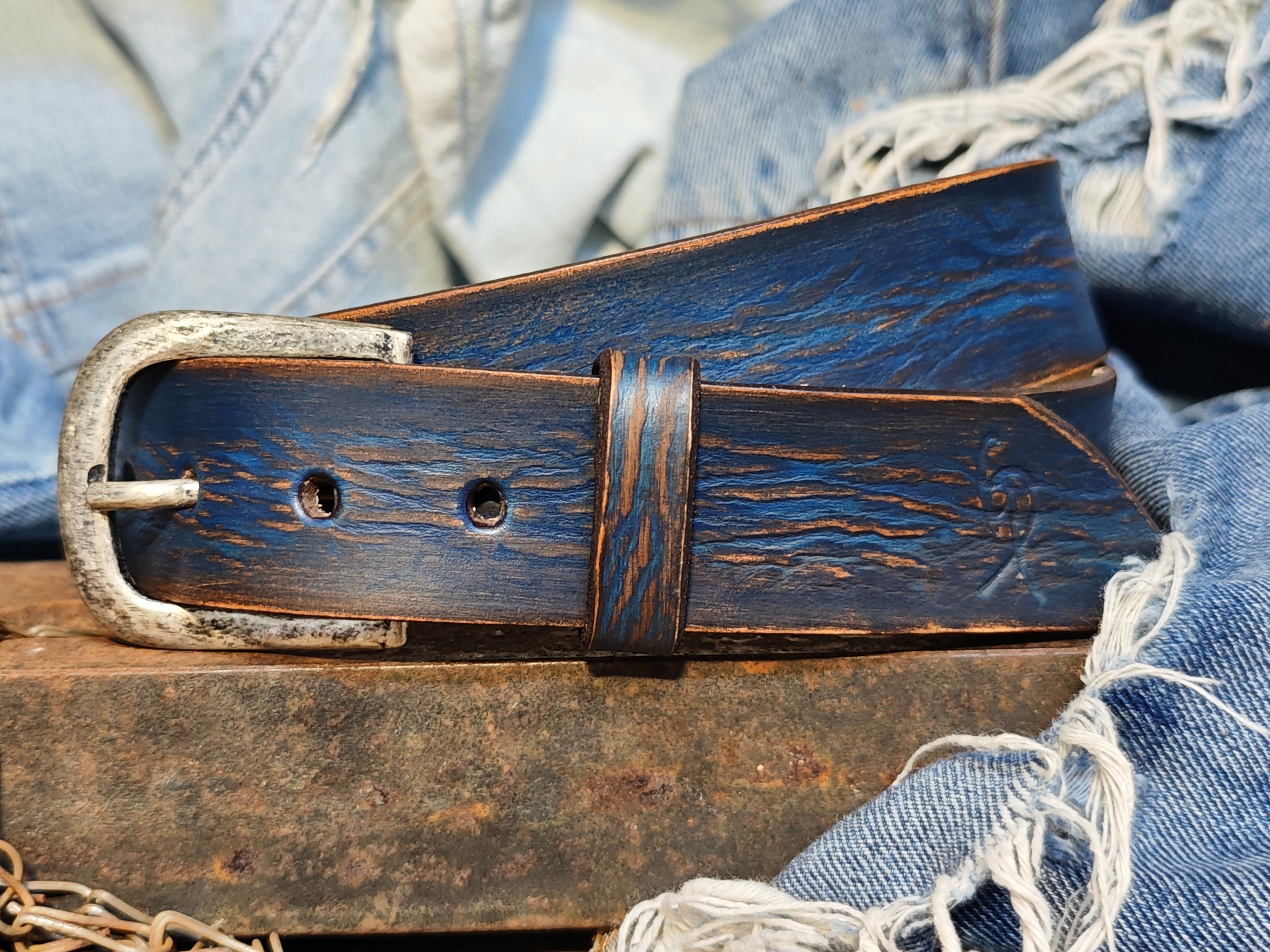 Men's blue Leather vintage style Belt, Custom Men's Leather Accessories and belts for him.