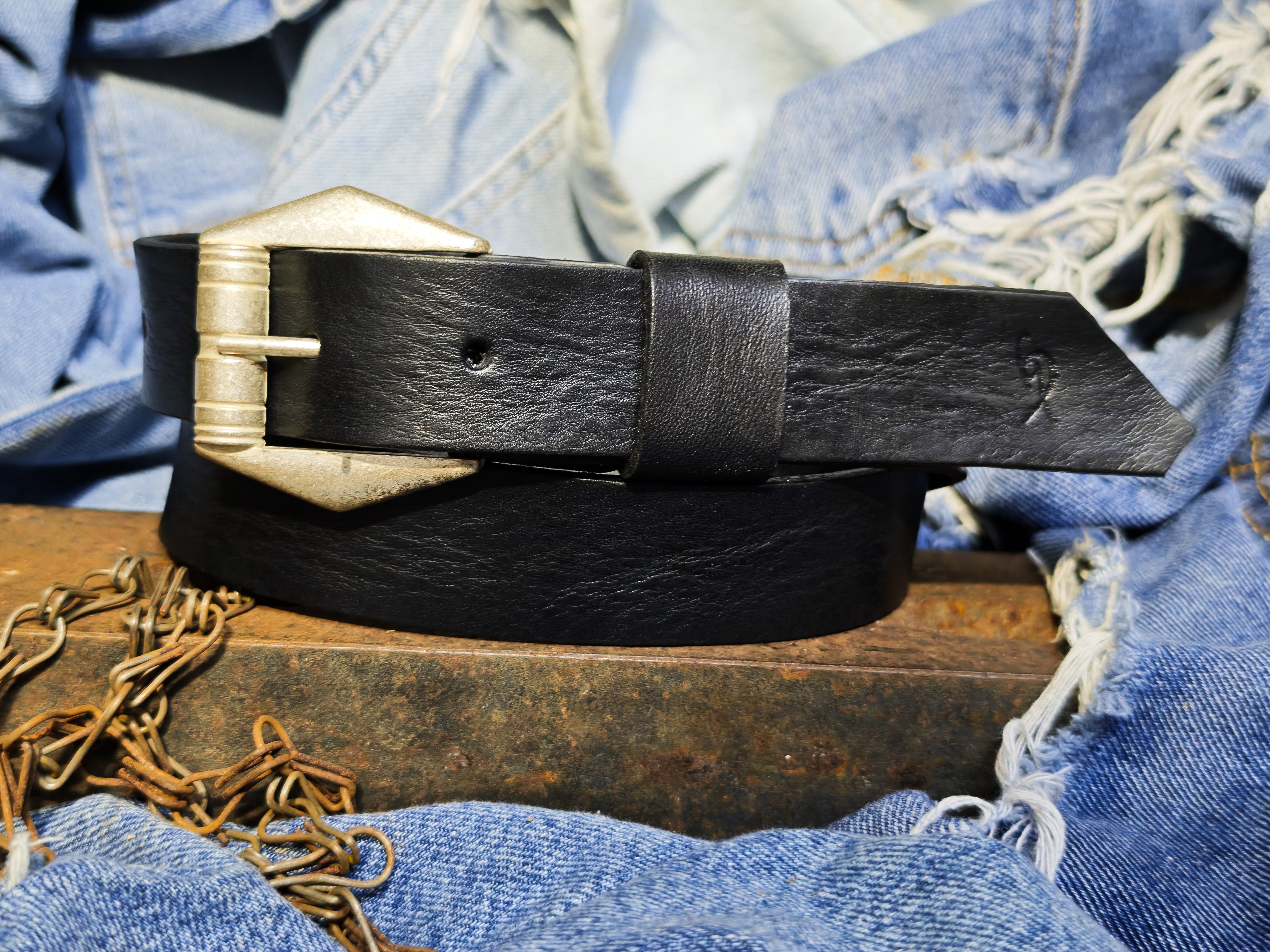 Slim Black Vintage Leather Belt for Women Handmade with silver Design Buckle