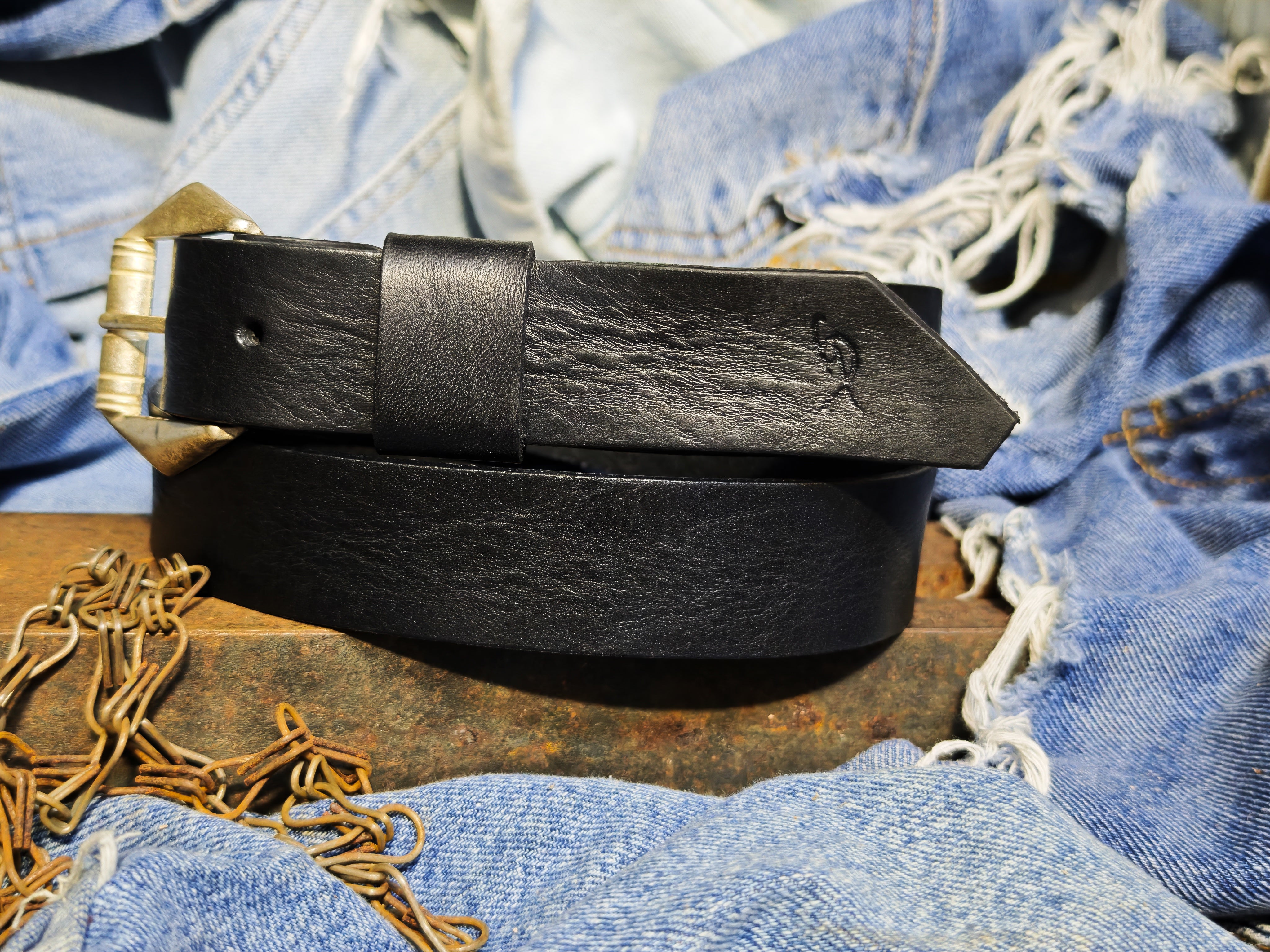 Slim Black Vintage Leather Belt for Women Handmade with silver Design Buckle