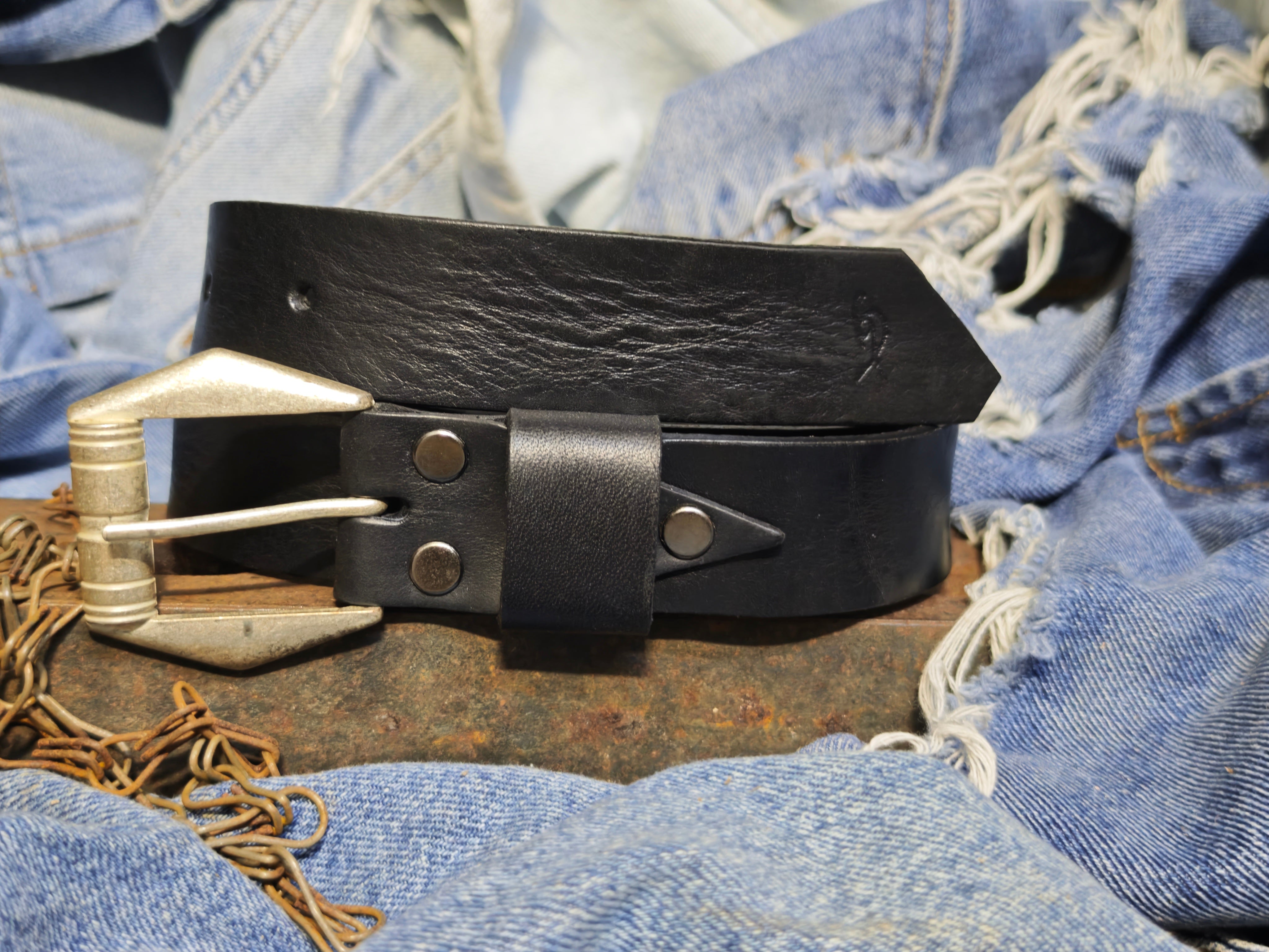 Slim Black Vintage Leather Belt for Women Handmade with silver Design Buckle