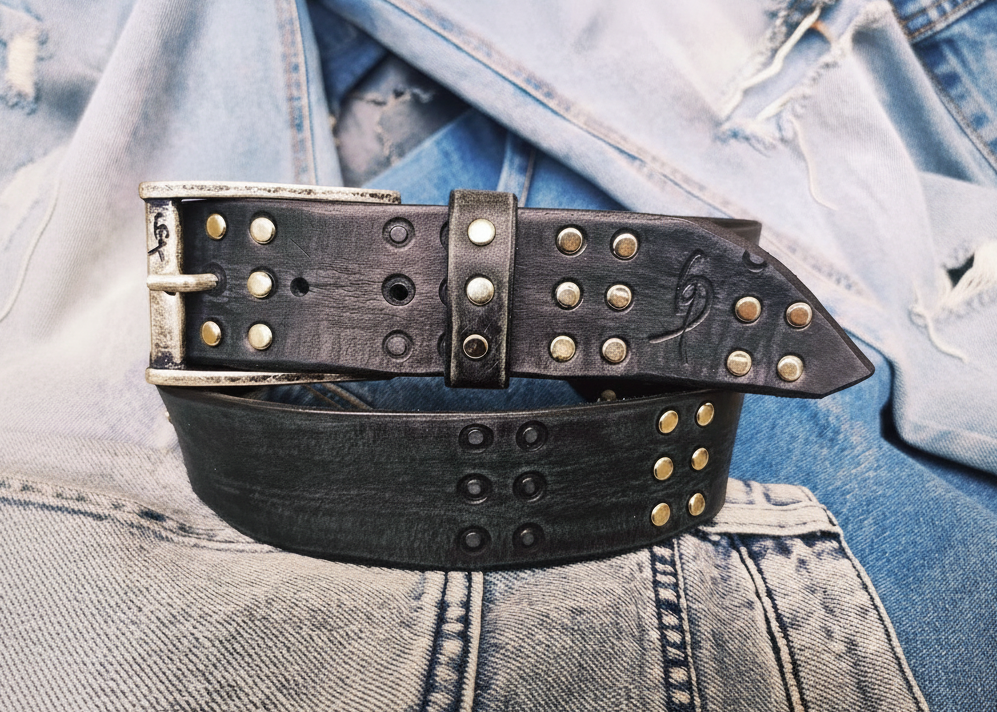 Ishaor Handmade Black Leather Belt with RCA Stamps - Vintage Finish Genuine Leather Silver Rivets