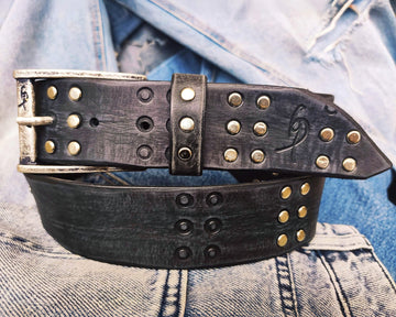Ishaor Handmade Black Leather Belt with RCA Stamps - Vintage Finish Genuine Leather Silver Rivets