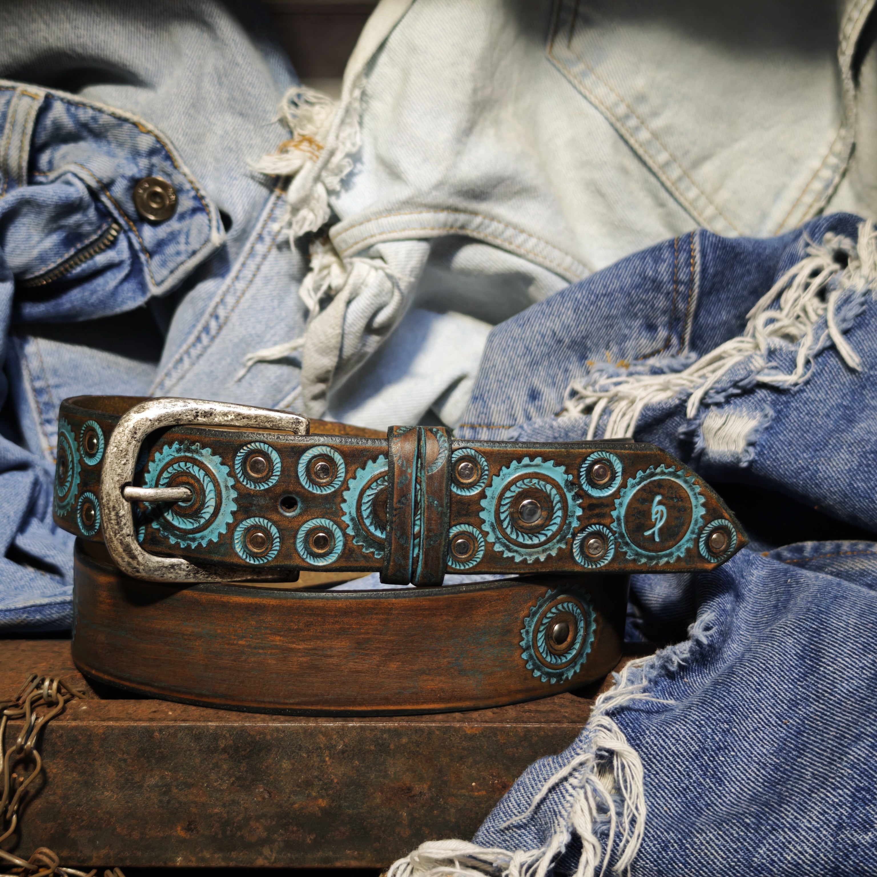 Handmade Brown Leather Belt – Turquoise Motorcycle Gear Design
