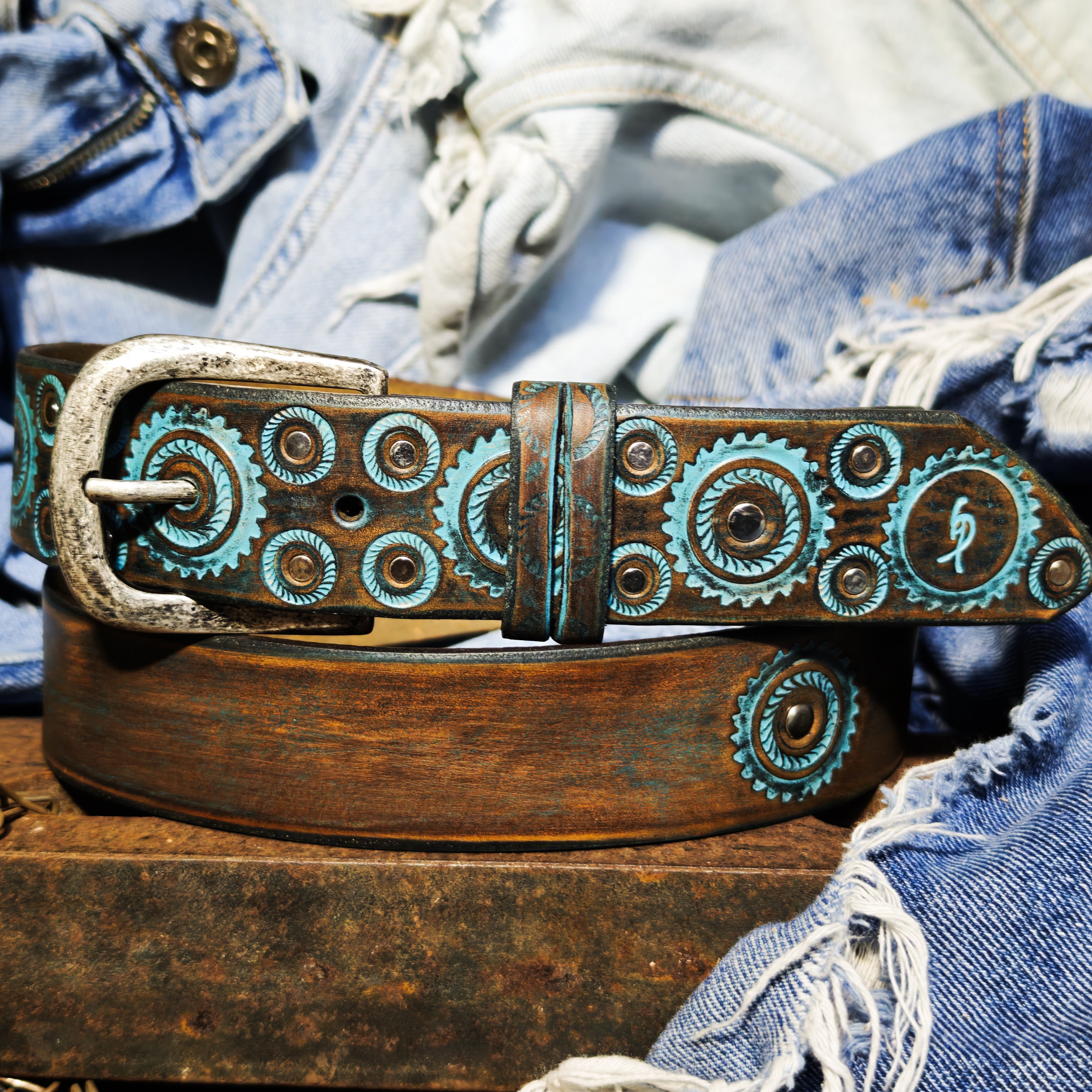 Handmade Brown Leather Belt – Turquoise Motorcycle Gear Design