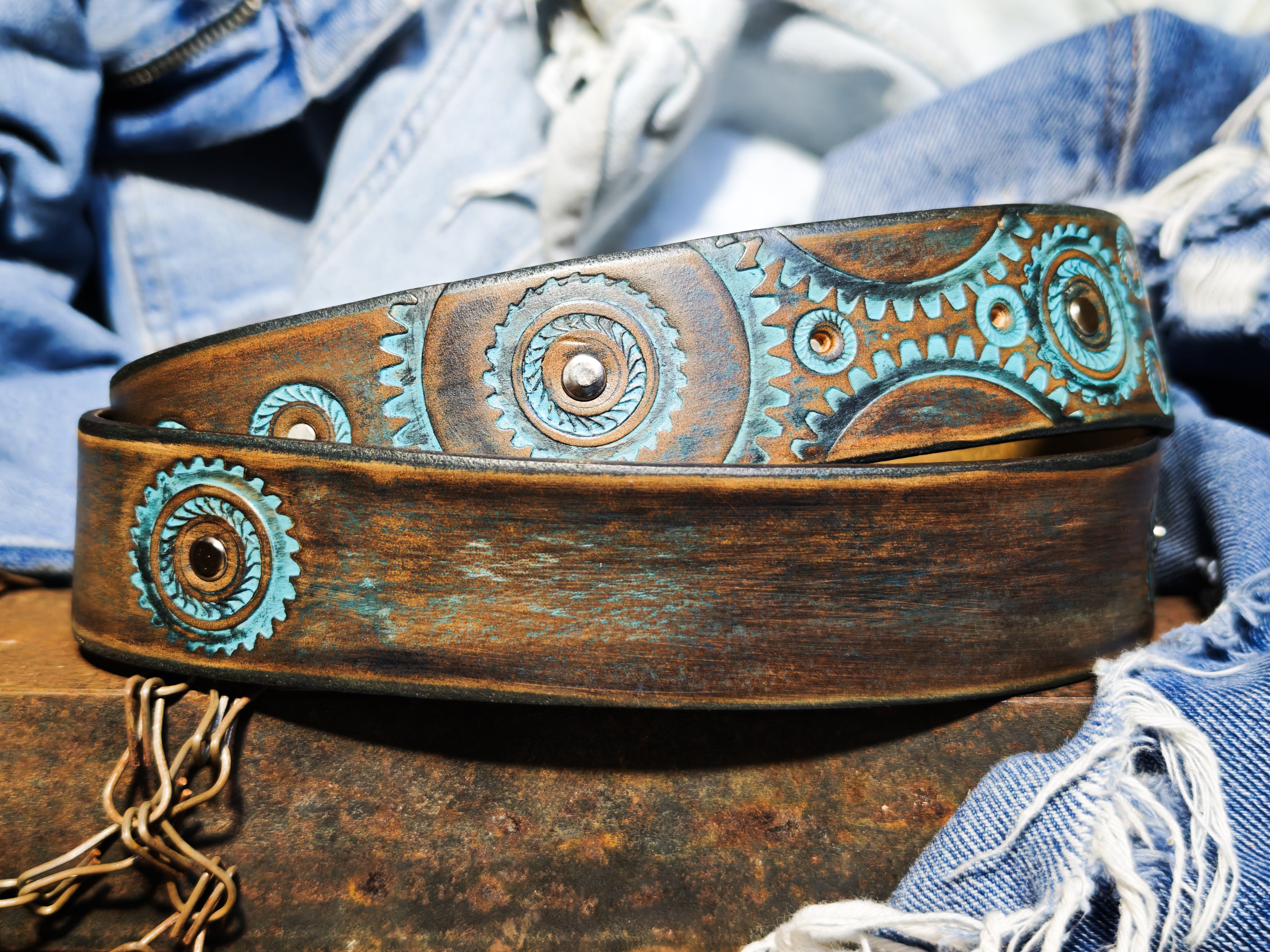 Handmade Brown Leather Belt – Turquoise Motorcycle Gear Design