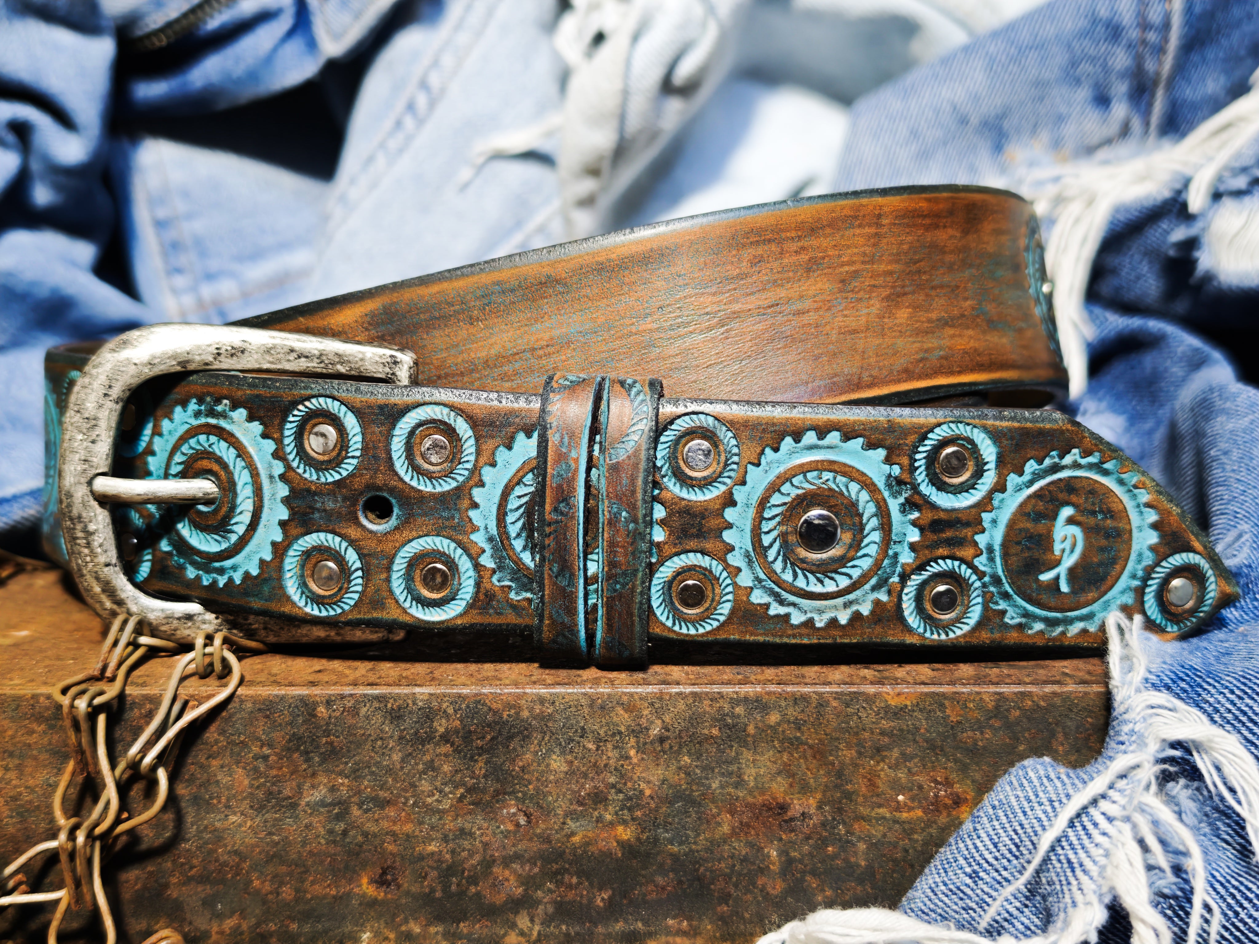 Handmade Brown Leather Belt – Turquoise Motorcycle Gear Design