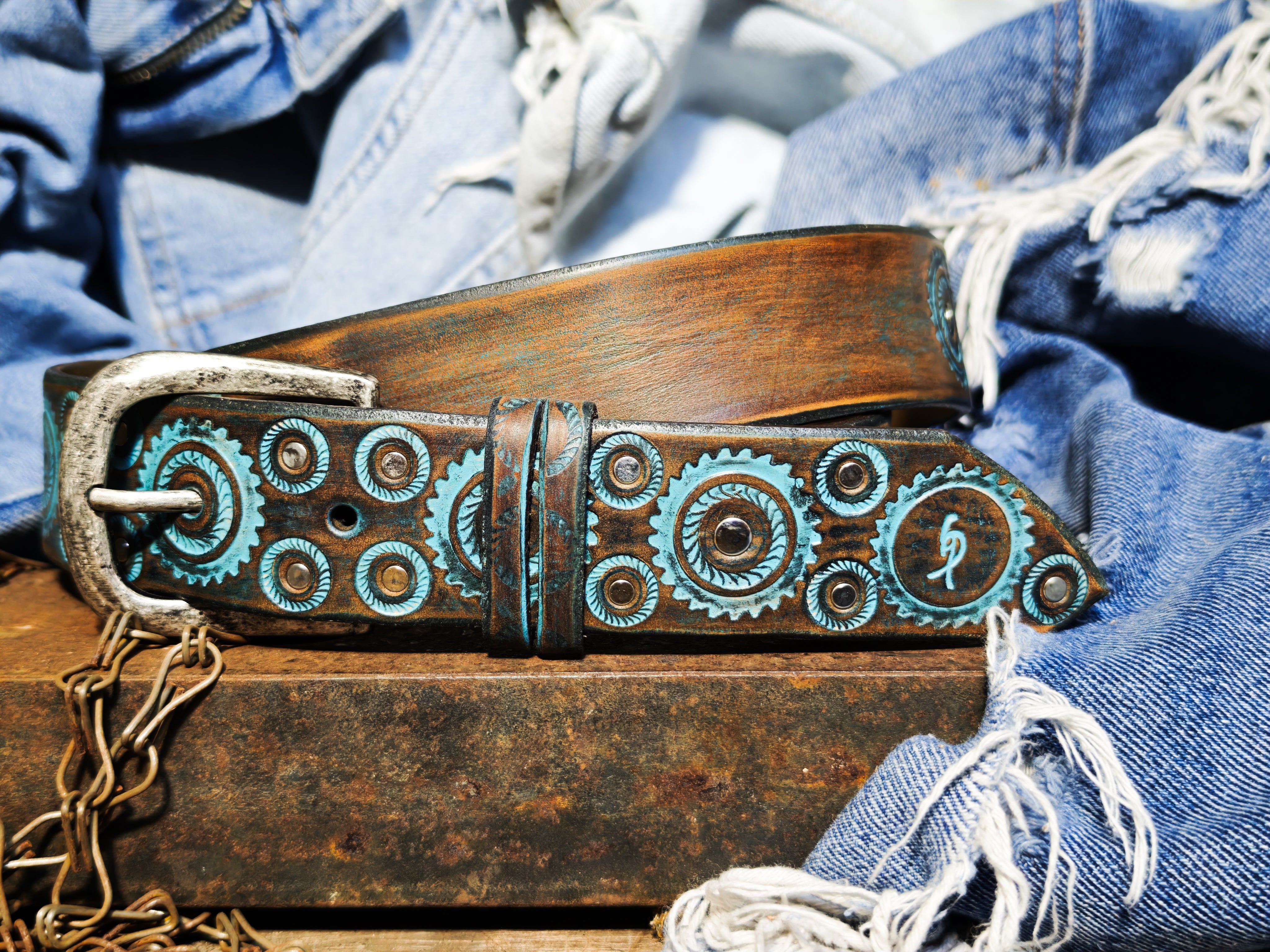 Handmade Brown Leather Belt – Turquoise Motorcycle Gear Design