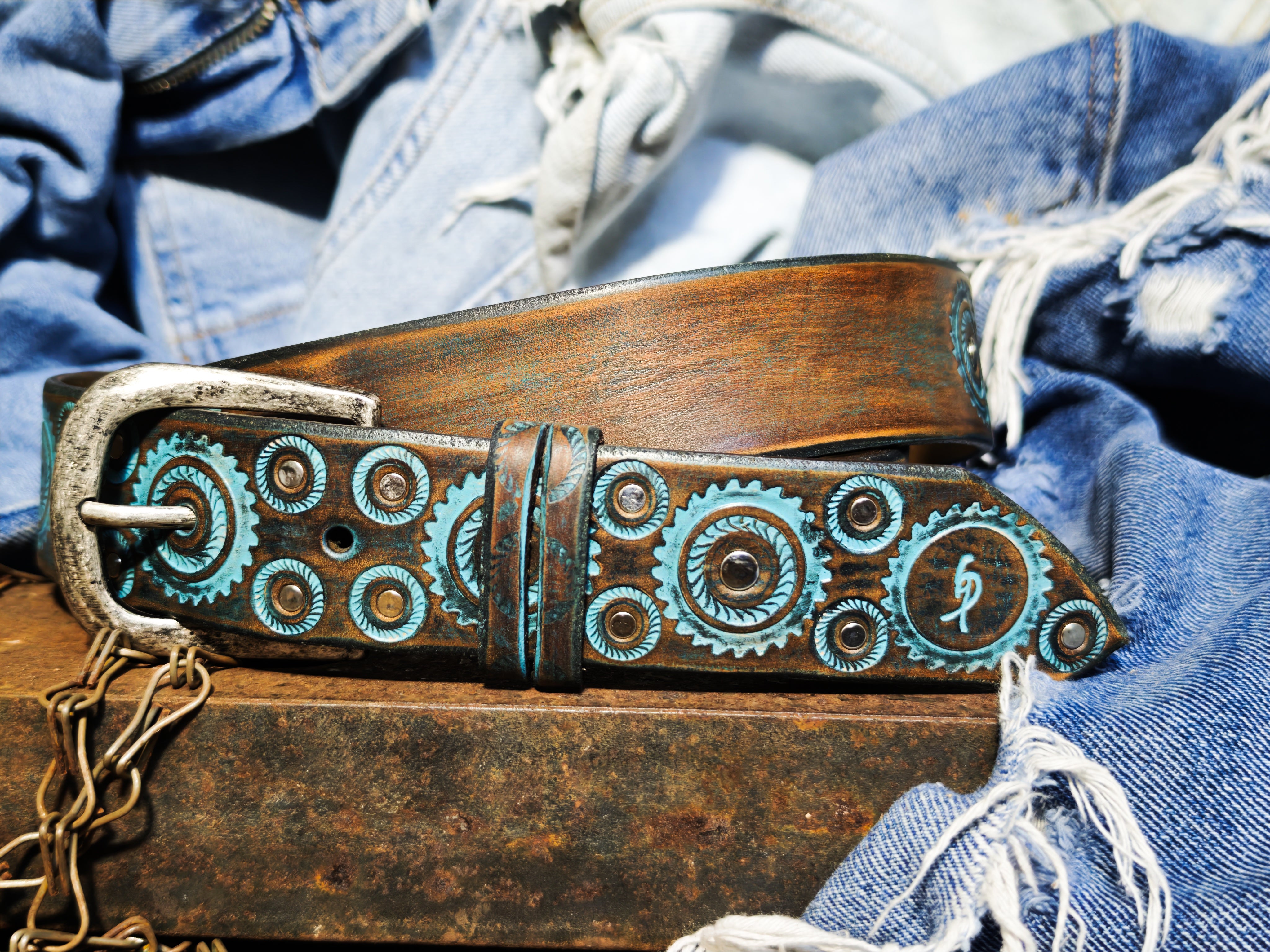 Handmade Brown Leather Belt – Turquoise Motorcycle Gear Design