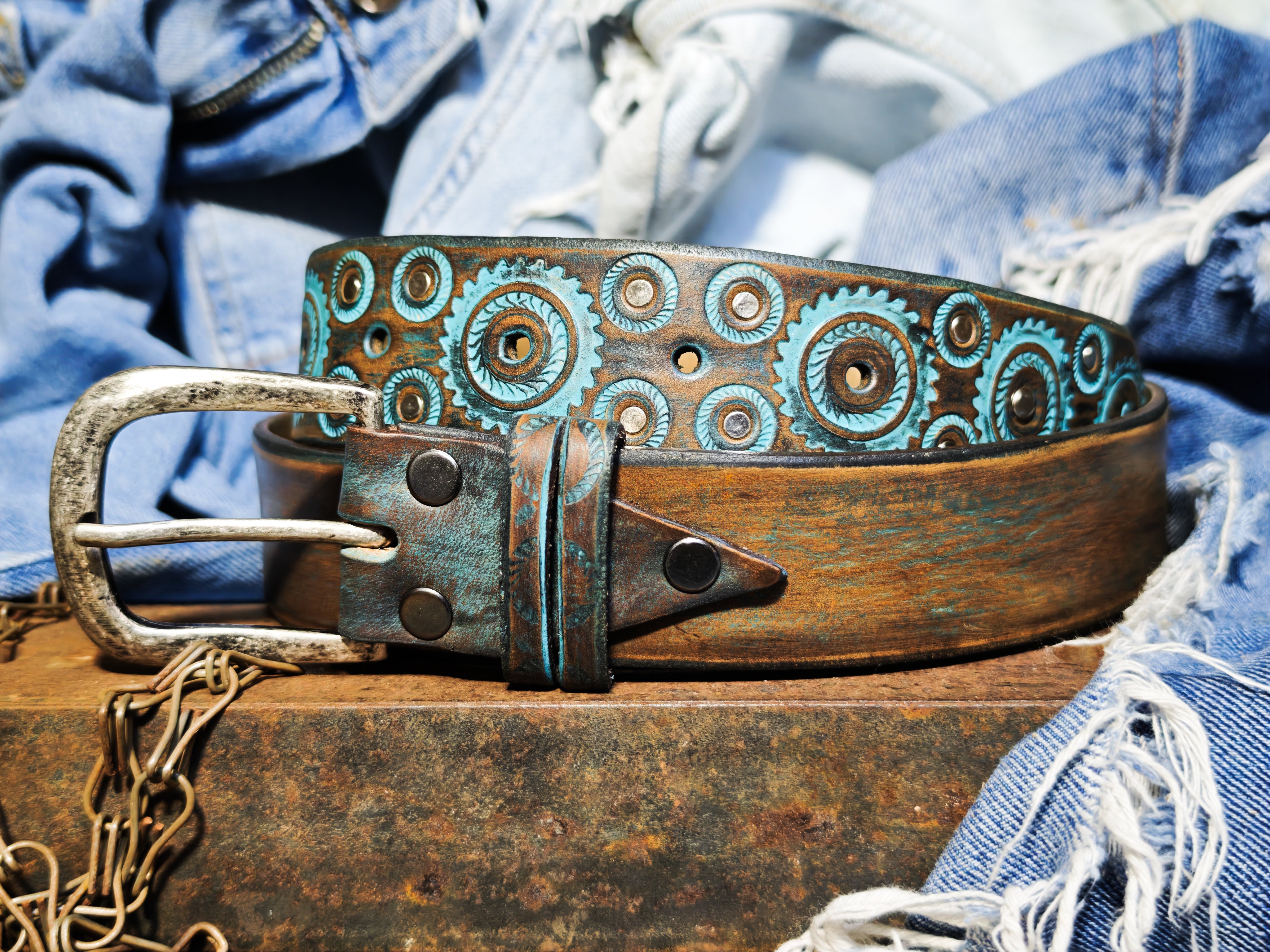Handmade Brown Leather Belt – Turquoise Motorcycle Gear Design