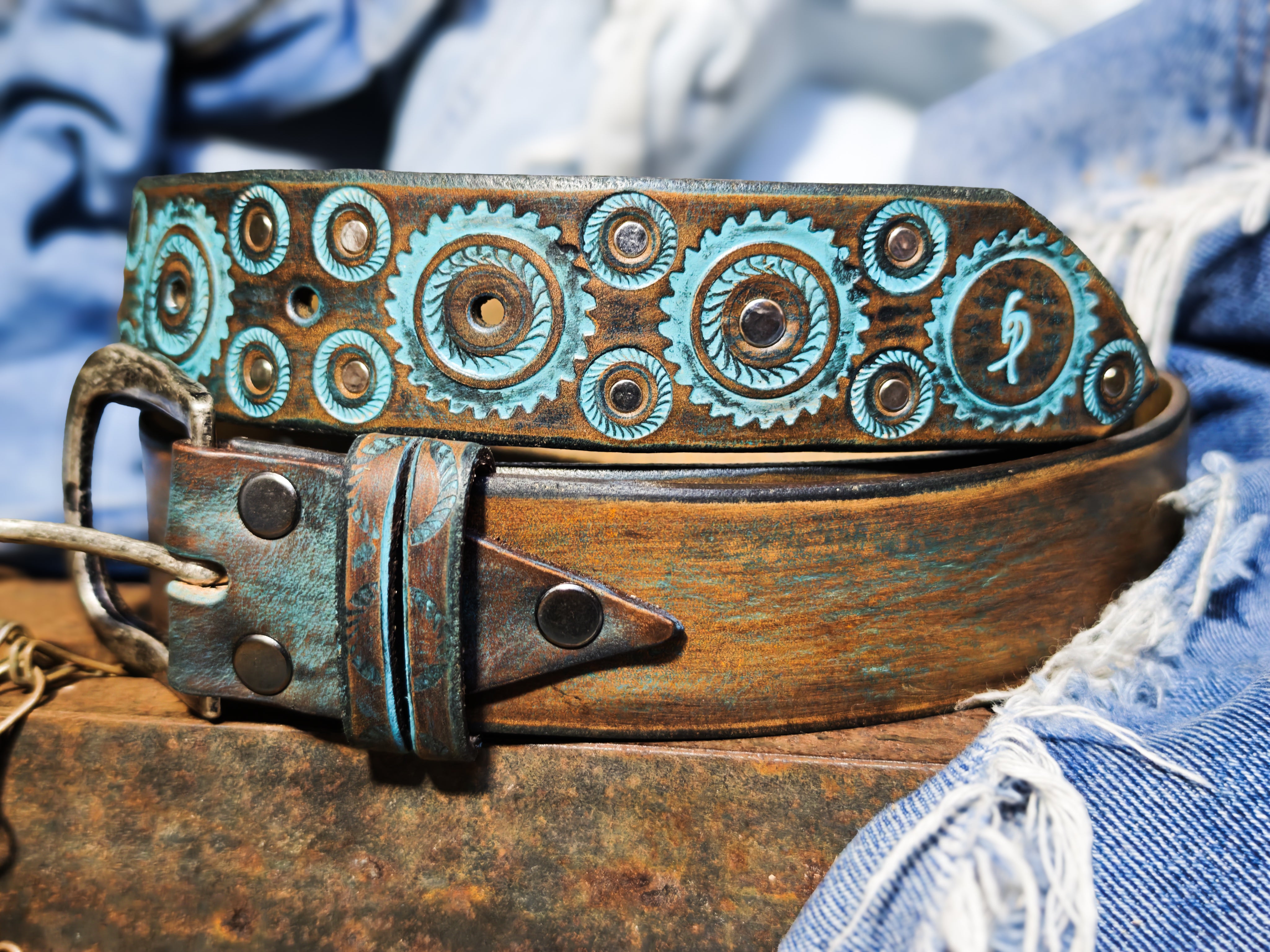 Handmade Brown Leather Belt – Turquoise Motorcycle Gear Design