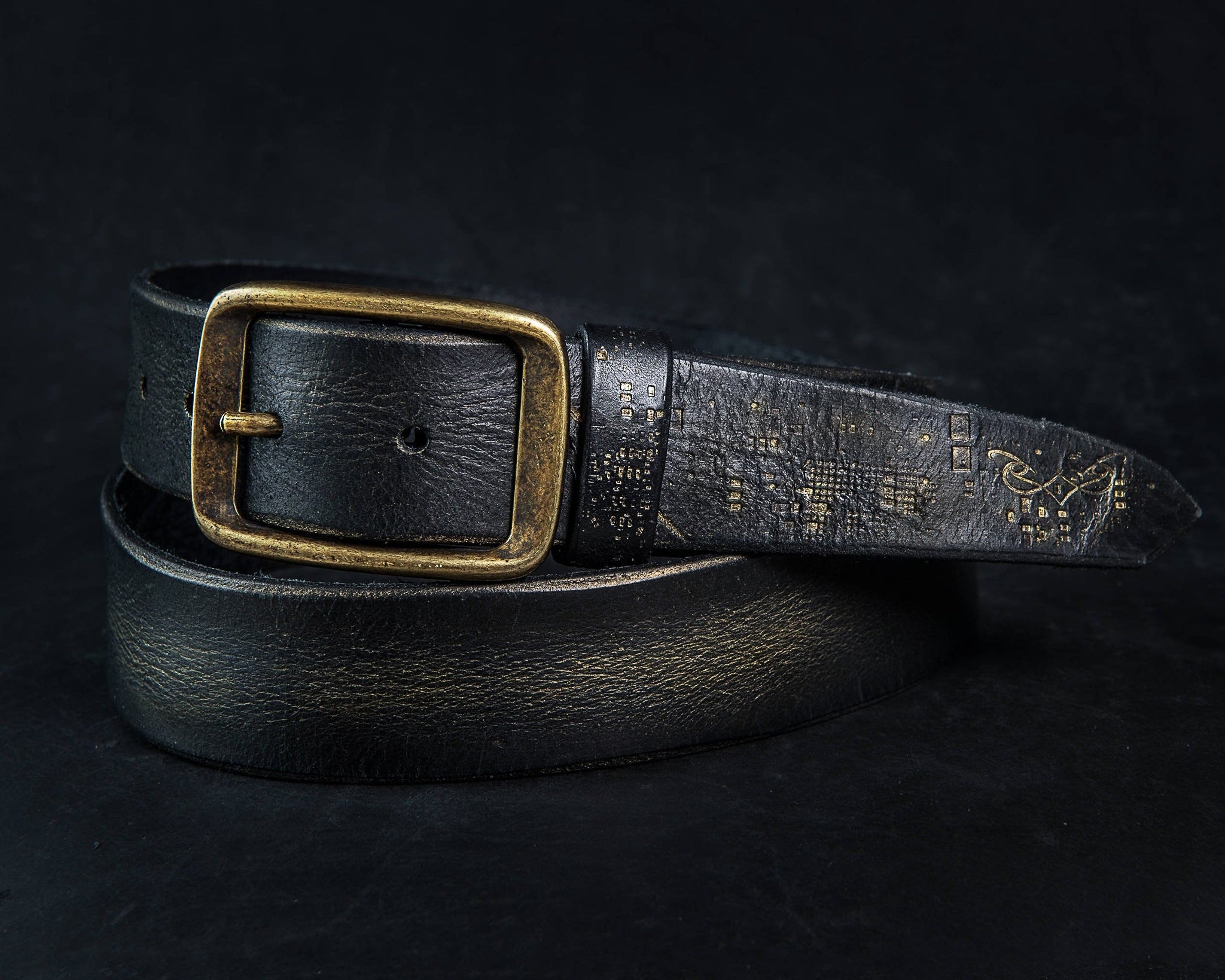 Handcrafted Black Leather Belt for Men with stamp design