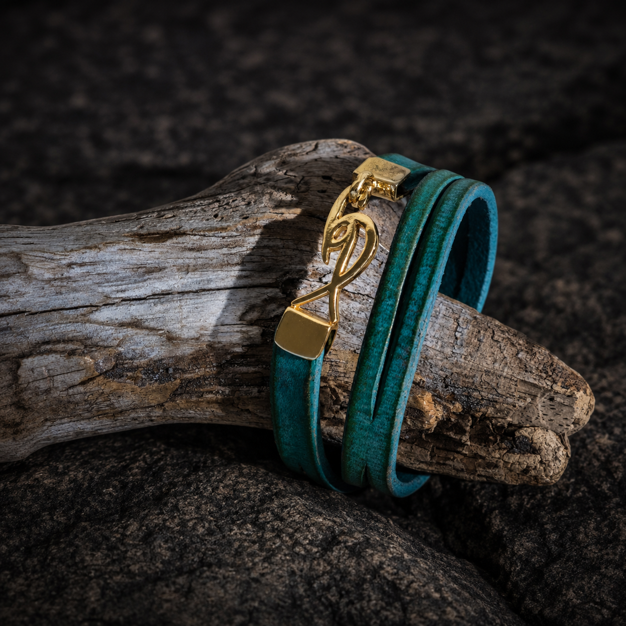 Mens Turquoise Leather Wrap Bracelet with Signature Gold Plated Logo Clasp