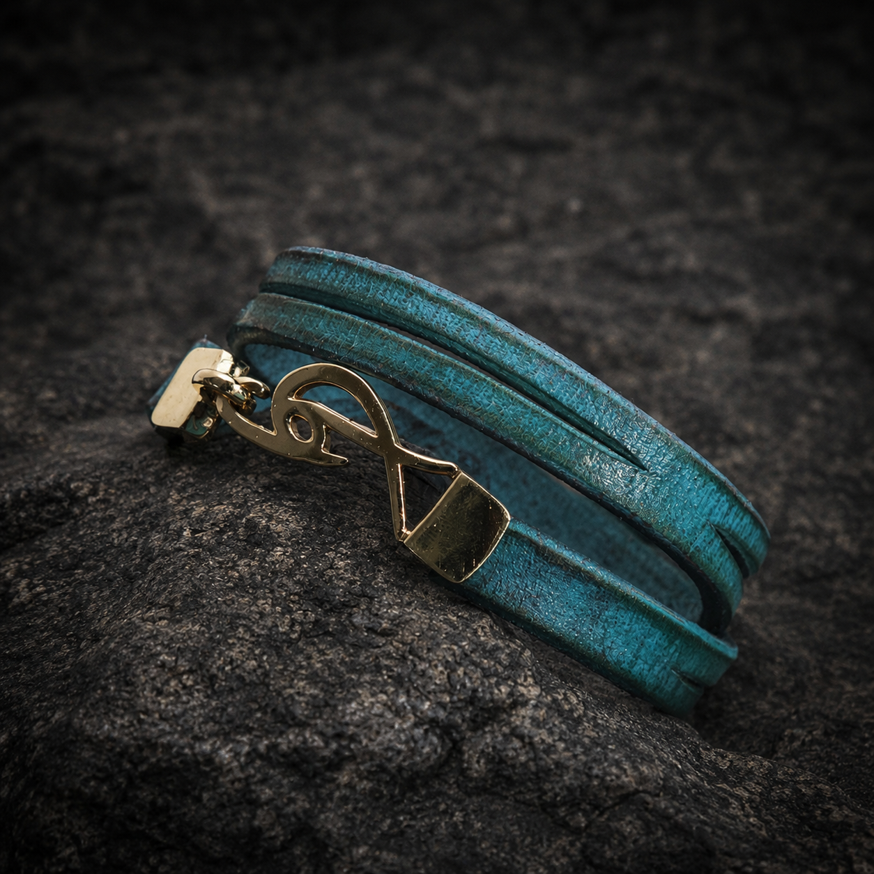 Mens Turquoise Leather Wrap Bracelet with Signature Gold Plated Logo Clasp