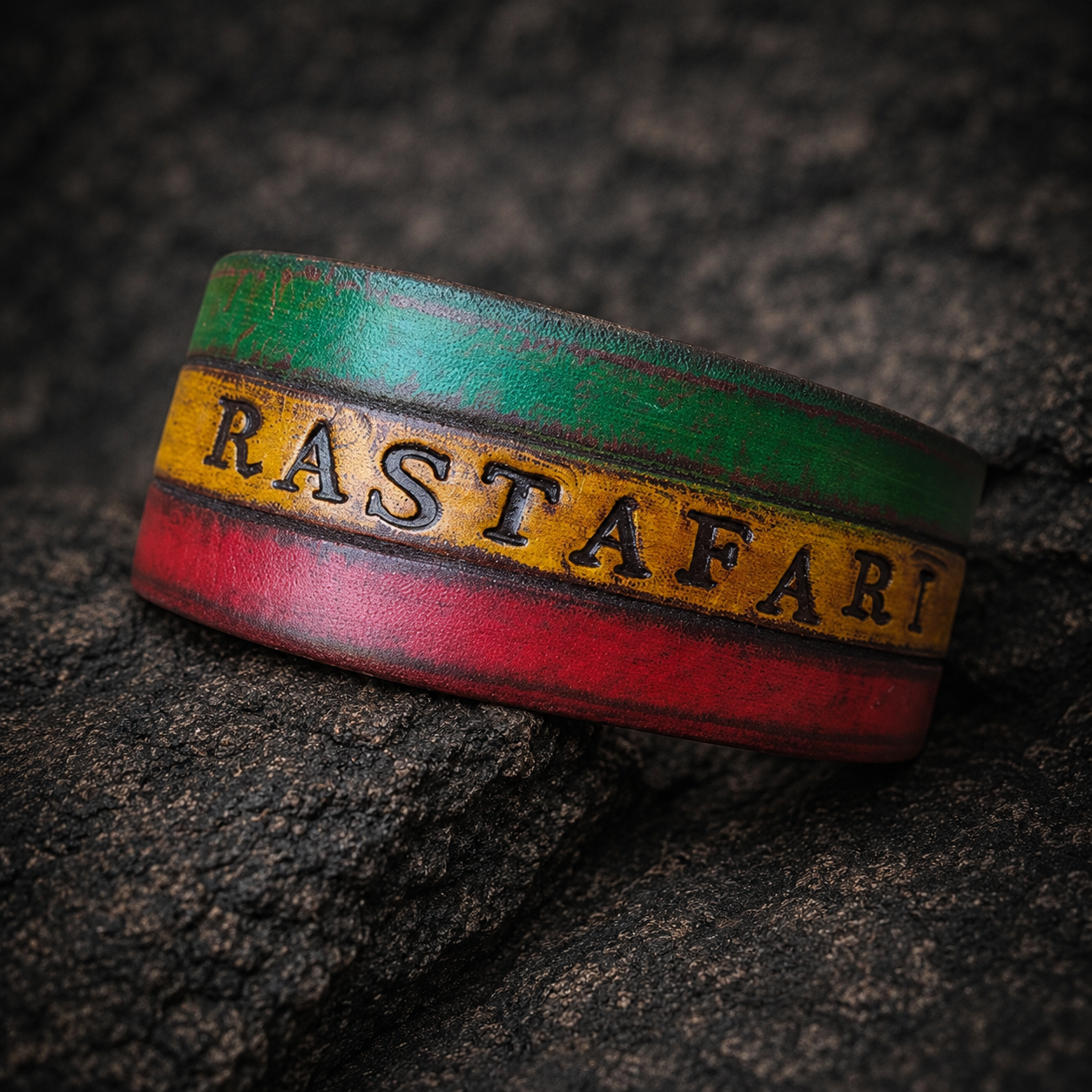 Rasta Leather Cuff Bracelet - Red Yellow Green - Handcrafted by Ishaor
