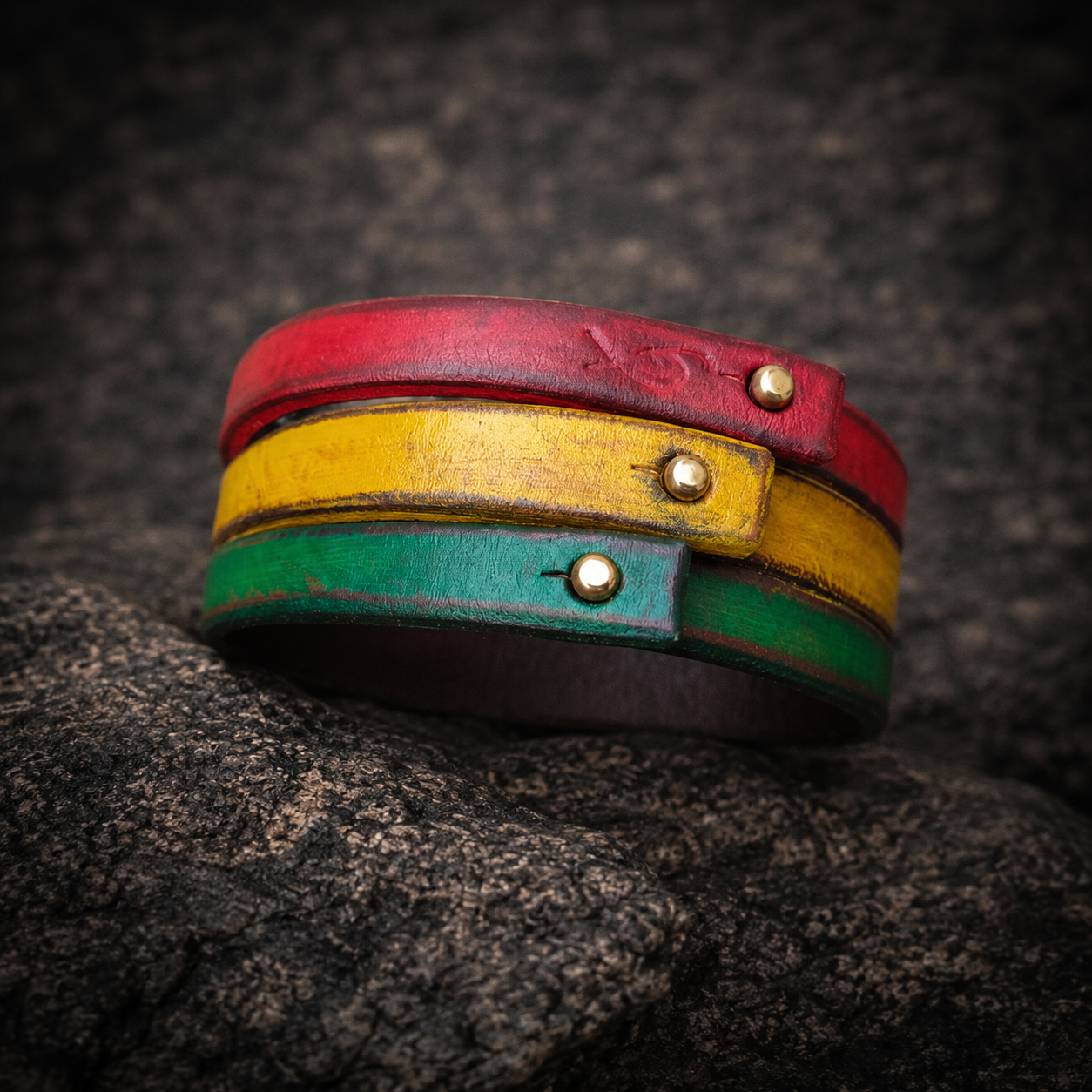 Rasta Leather Cuff Bracelet - Red Yellow Green - Handcrafted by Ishaor