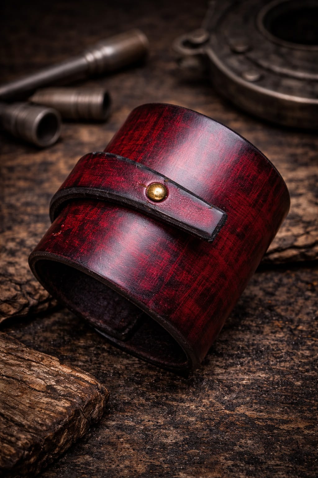 Handmade Red Leather Wrap Bracelet for Women - Luxury Boho Wide Design