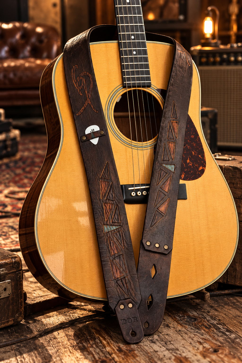 Brown Leather Guitar Strap with Ishaor Logo - Personalized Musician Gift