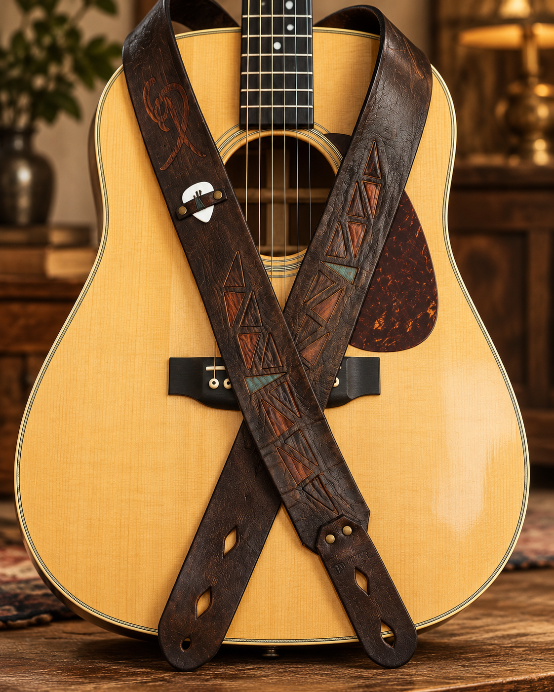 Brown Leather Guitar Strap with Ishaor Logo - Personalized Musician Gift