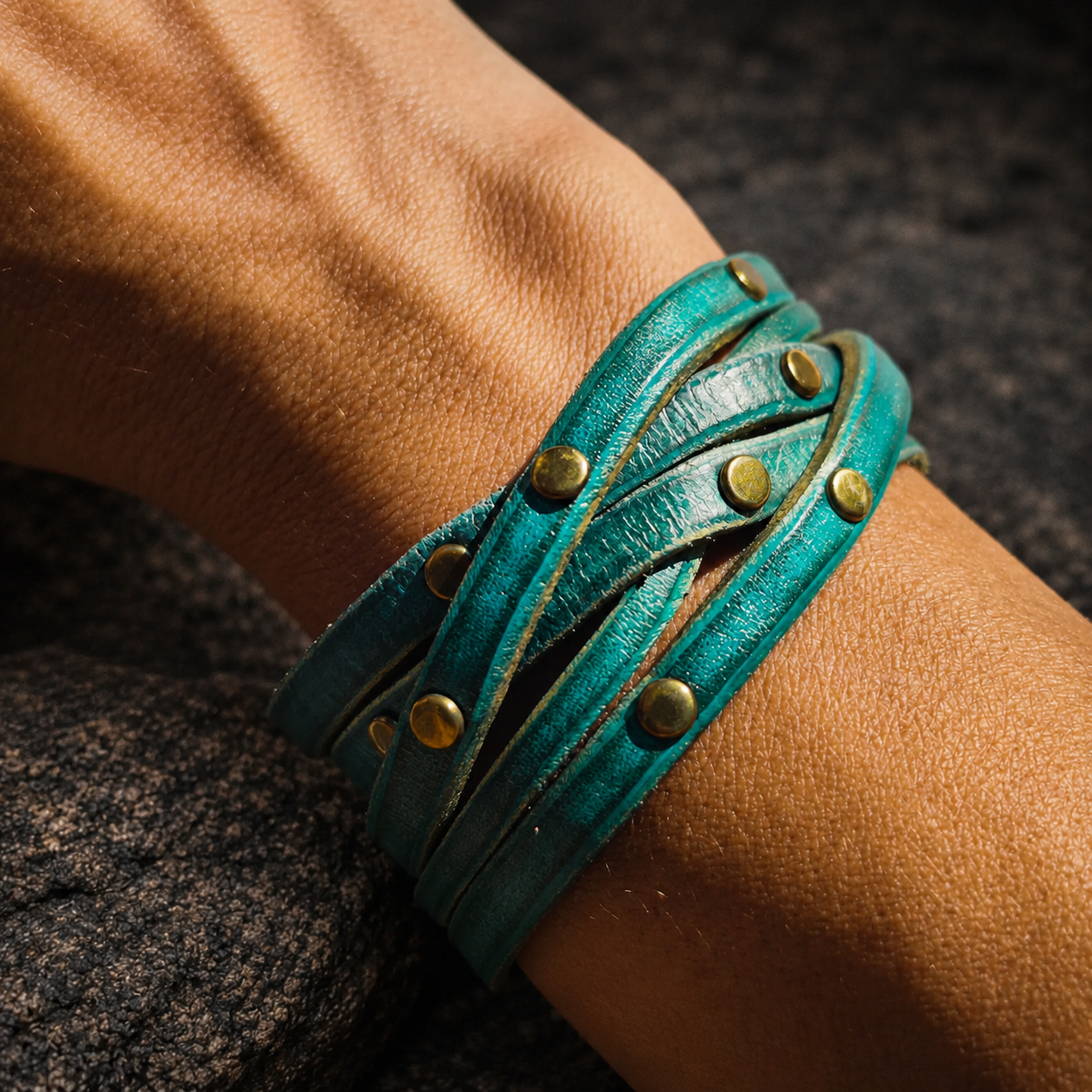 Women's Handmade Turquoise Leather Bracelet with Green Wash and touch of gold decorate with Elegant Gold pieces