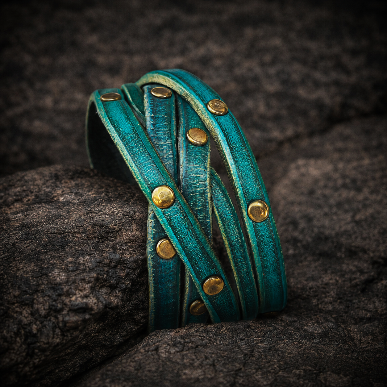 Women's Handmade Turquoise Leather Bracelet with Green Wash and touch of gold decorate with Elegant Gold pieces