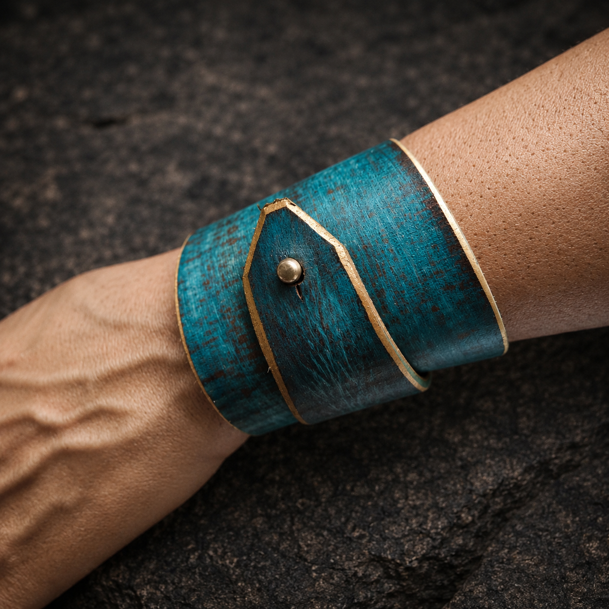 Turquoise Leather Wrap Bracelet - Handmade Boho Design for Women - Wide Unique - with Gold Zina Bracelet