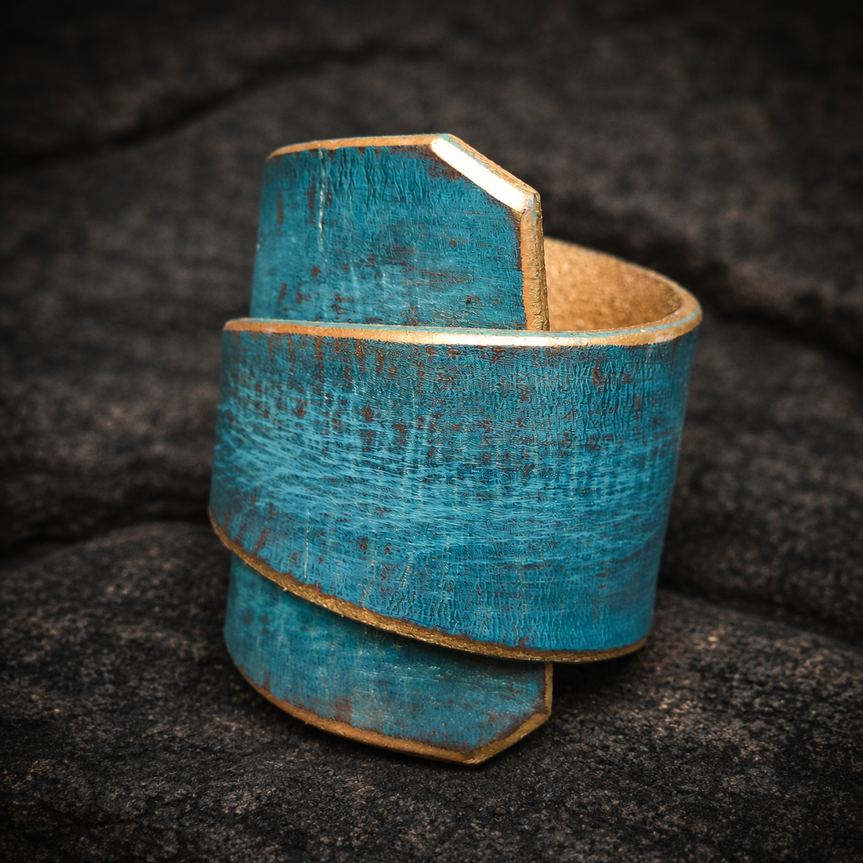 Turquoise Leather Wrap Bracelet - Handmade Boho Design for Women - Wide Unique - with Gold Zina Bracelet