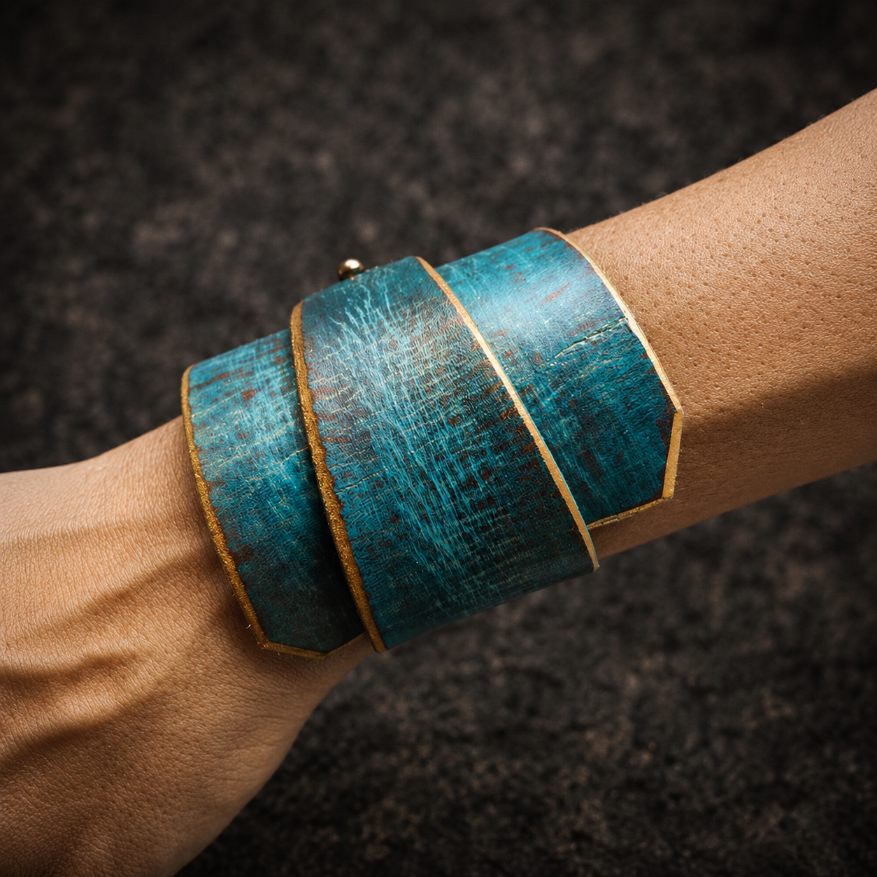 Turquoise Leather Wrap Bracelet - Handmade Boho Design for Women - Wide Unique - with Gold Zina Bracelet