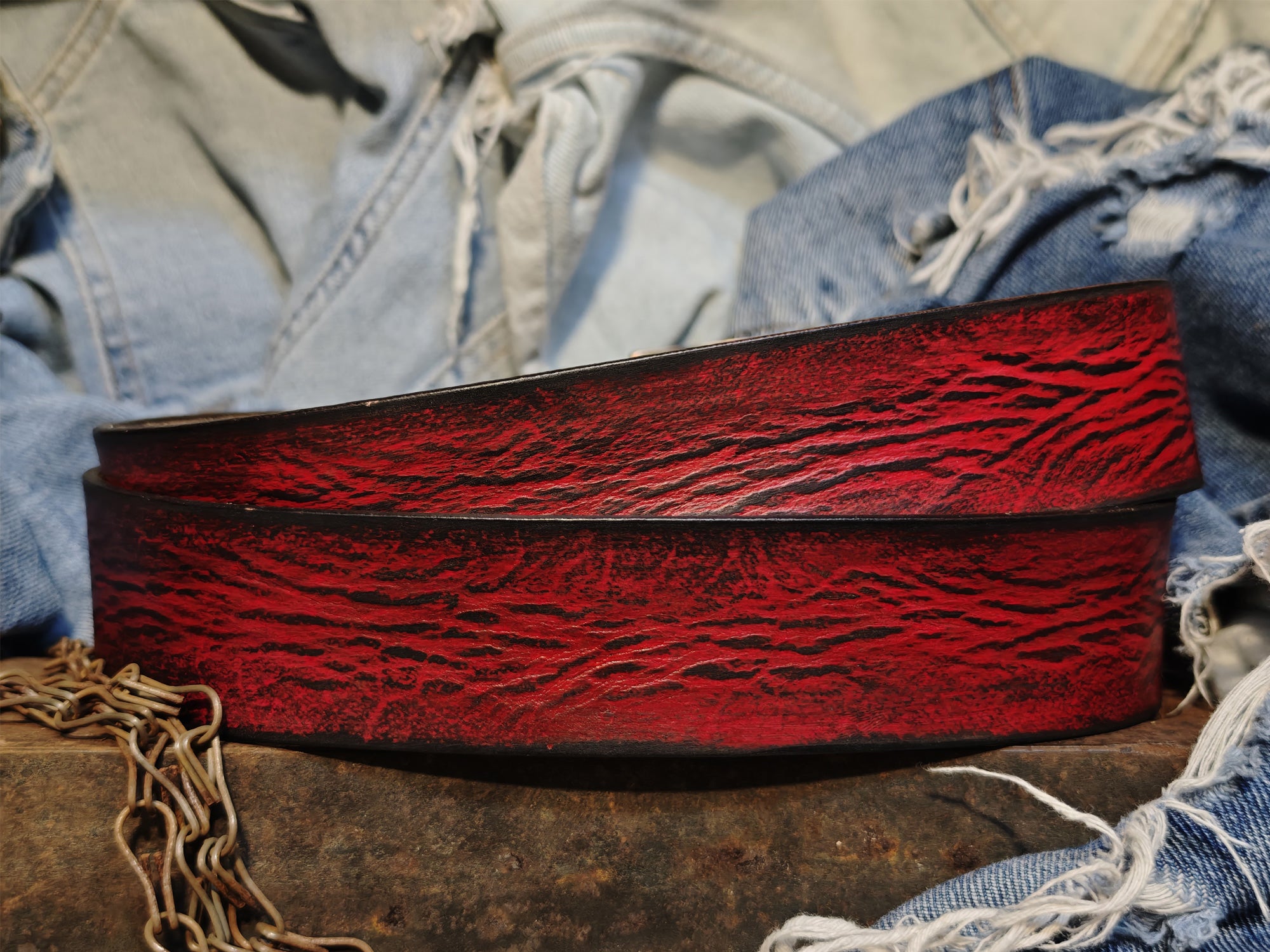 Vintage Red and Black Leather Belt for Men - Artisan Crafted Design