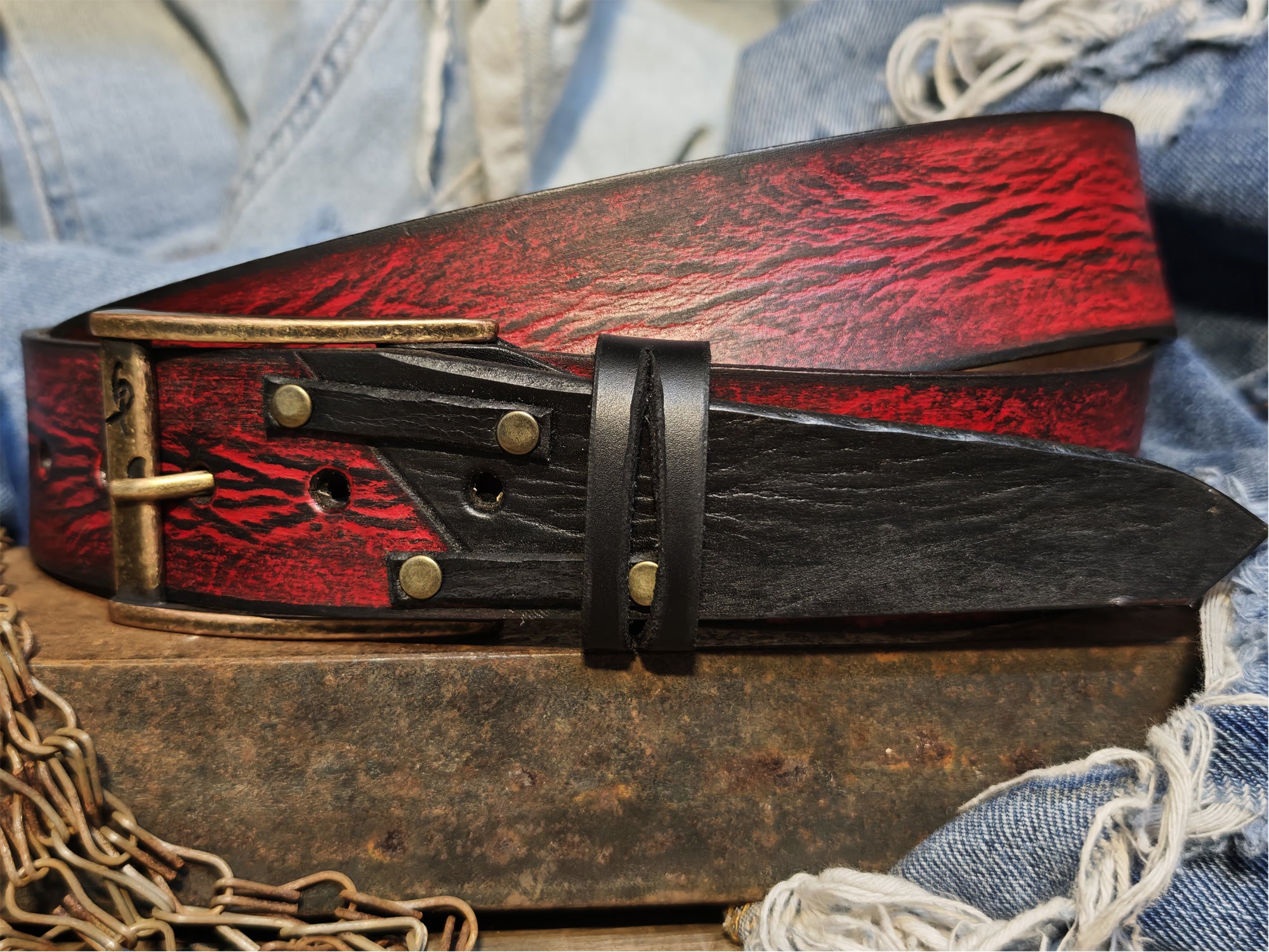 Vintage Red and Black Leather Belt for Men - Artisan Crafted Design