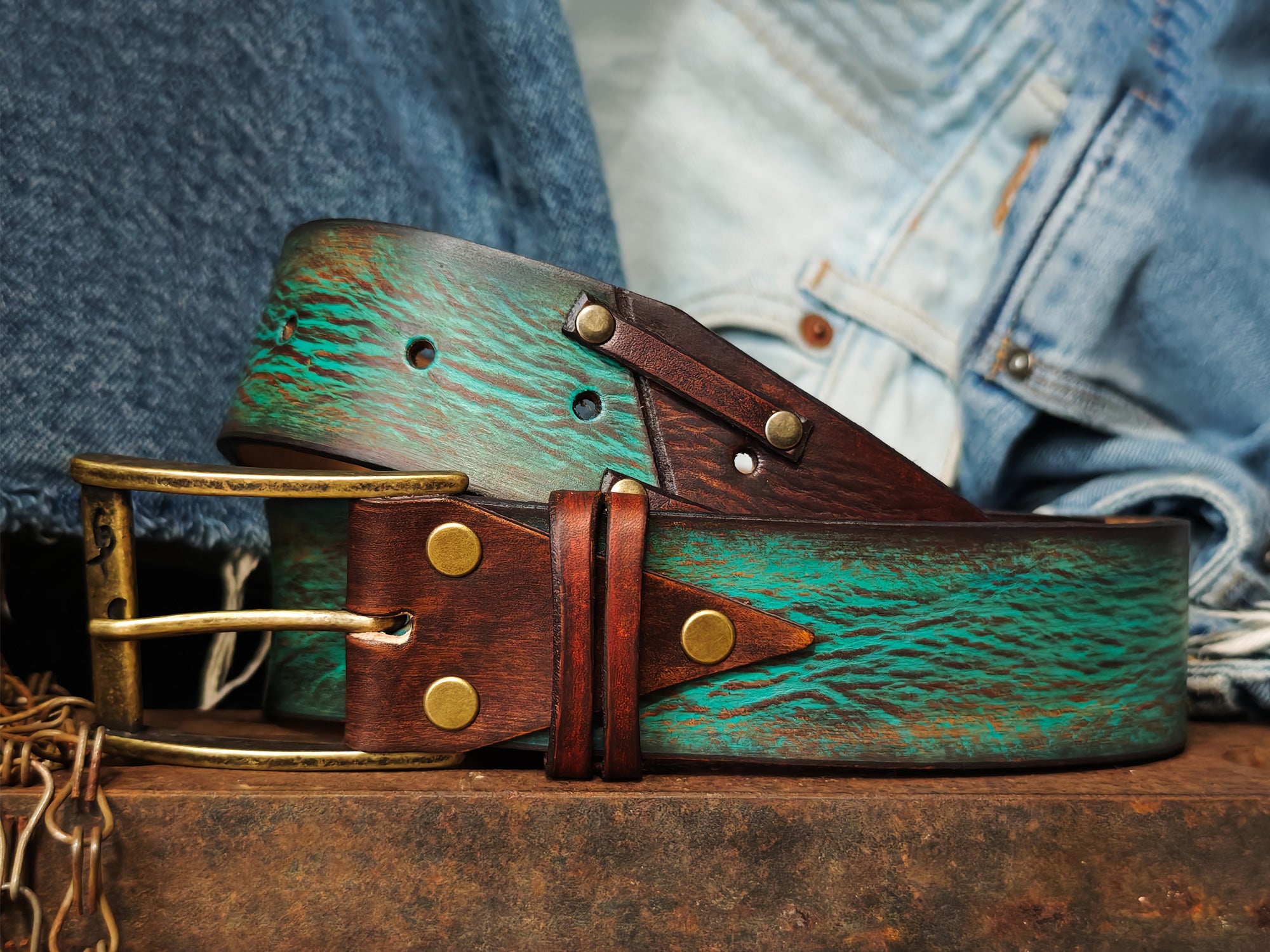 Mens Vintage Leather Belt Turquoise Customized Gift for Him