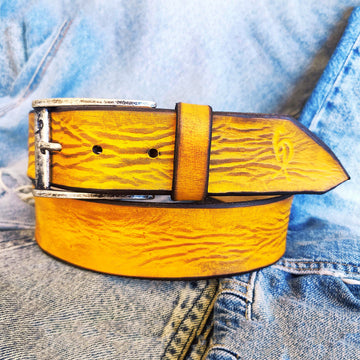 Yellow Leather Belt for Jeans Personalized Gift with Name
