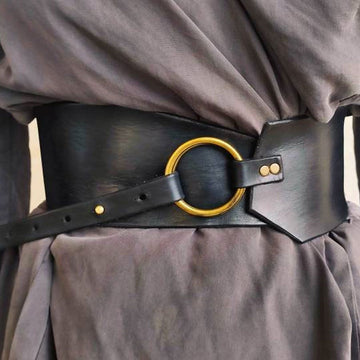 Black leather waist belt with asymmetrical design and bronze Ring. Black dress corset  for women, wide leather belt