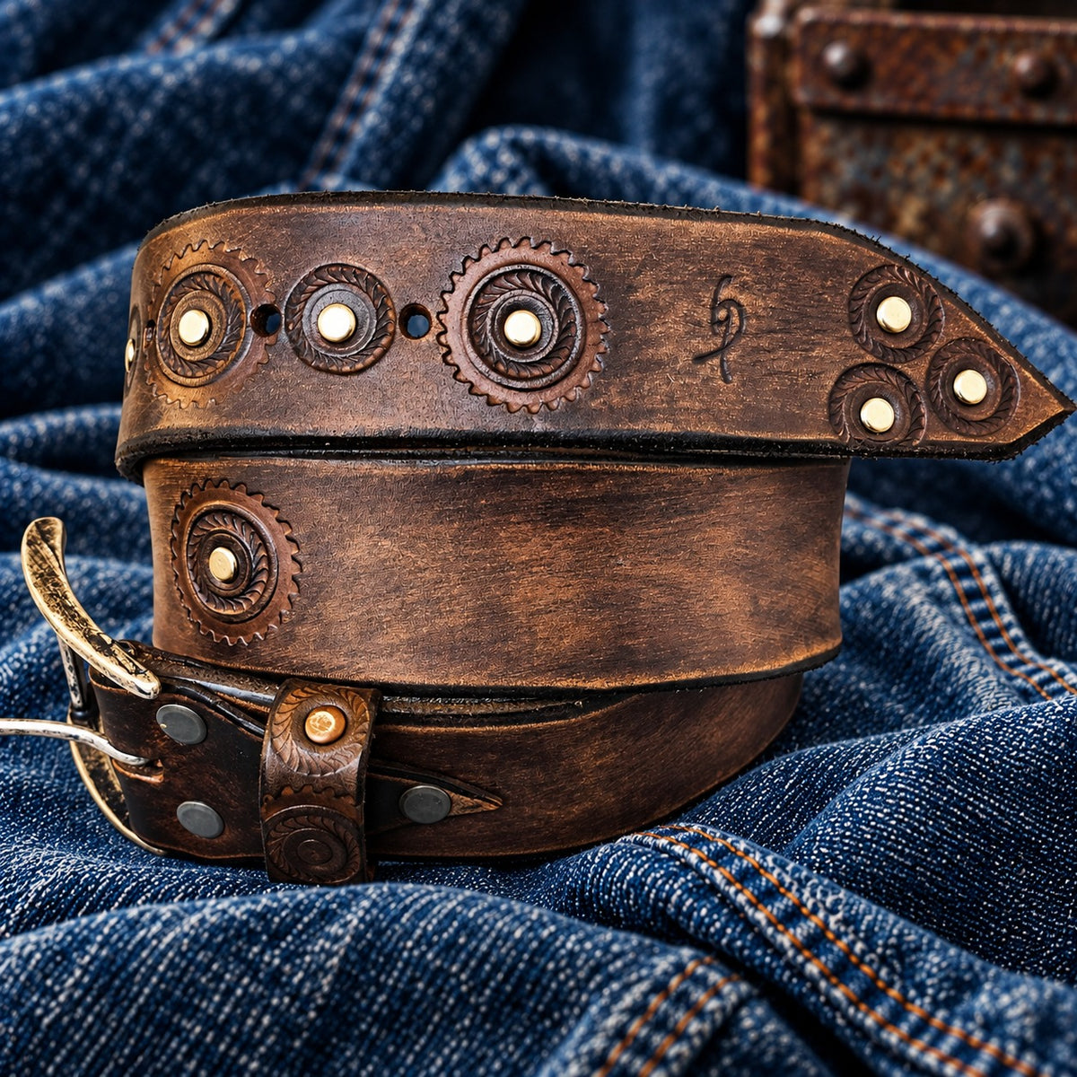 Rolled brown leather biker belt showing hand-tooled gear medallions, brass rivets and pointed tip