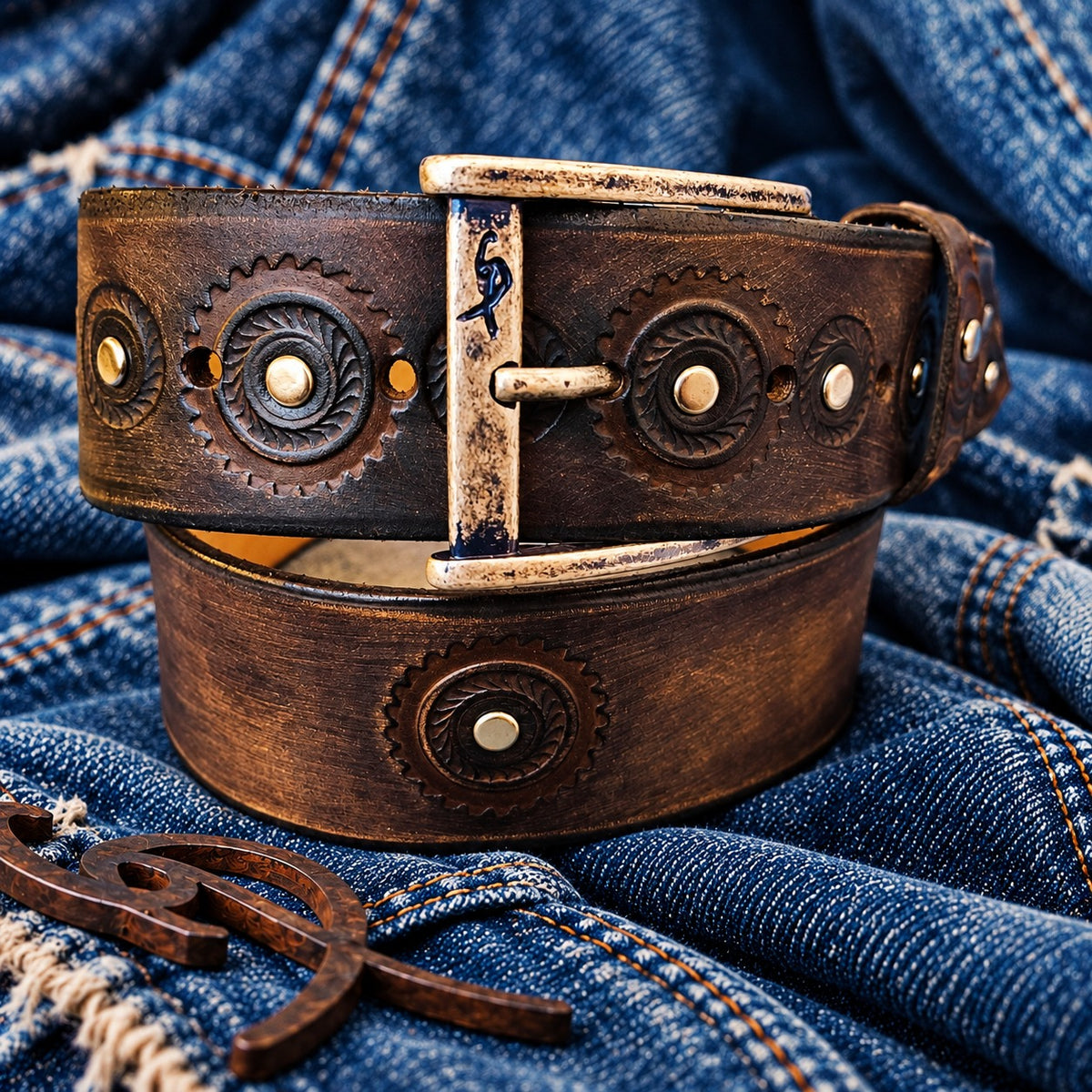 Brown biker leather belt buckled with an antique silver ISHAOR buckle, gear and rivet details