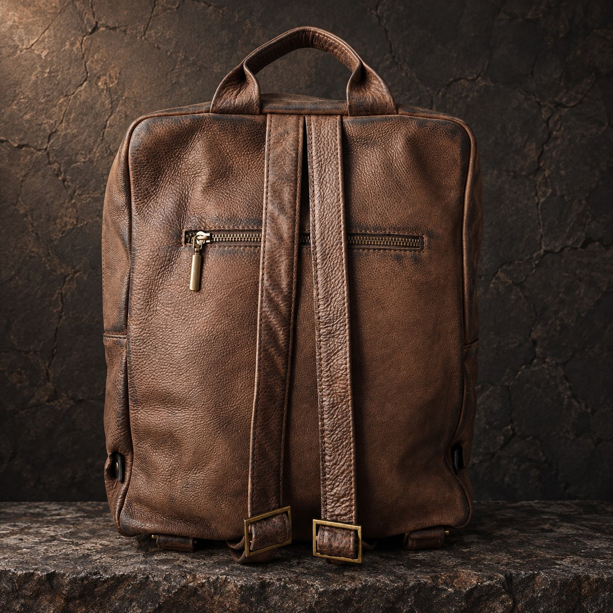Back view of brown leather laptop backpack with adjustable shoulder straps and zip pocket