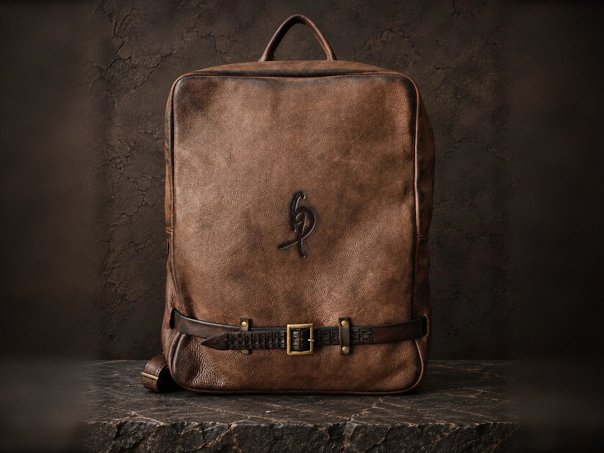 Brown hand-dyed genuine leather laptop backpack with hand-sculpted crocodile-pattern strap and brass buckle – handmade ISHAOR