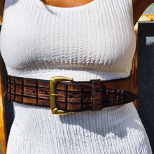 Handmade Brown Leather Waist Belt with Crocodile Tail Cut and Unique Gold Buckle – 5cm Wide, Perfect for Dresses & Jeans