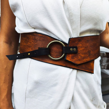 Brown Leather Asymmetrical Waist Belt with Bronze Ring - Womens Dress Corset
