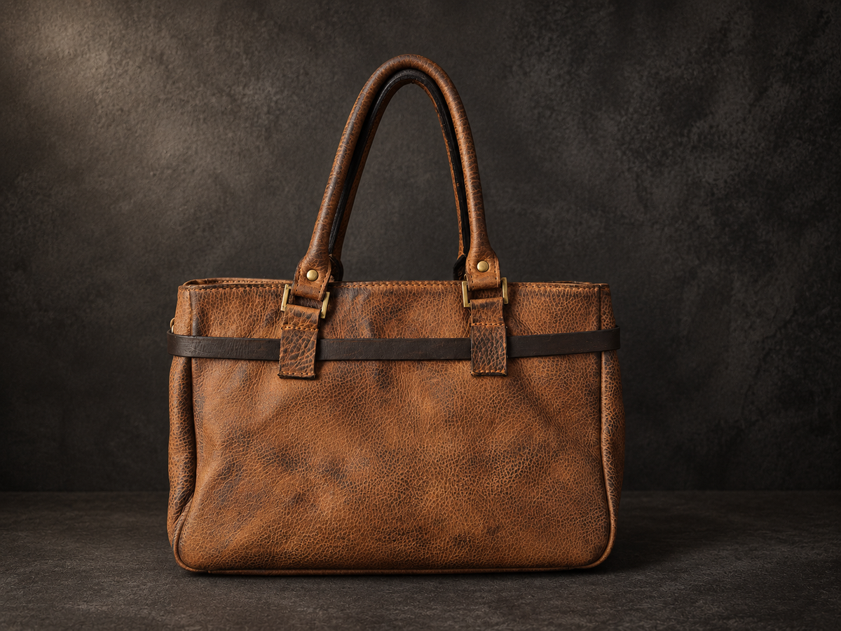 Hand-dyed cognac leather handbag, back view showing texture and brass hardware