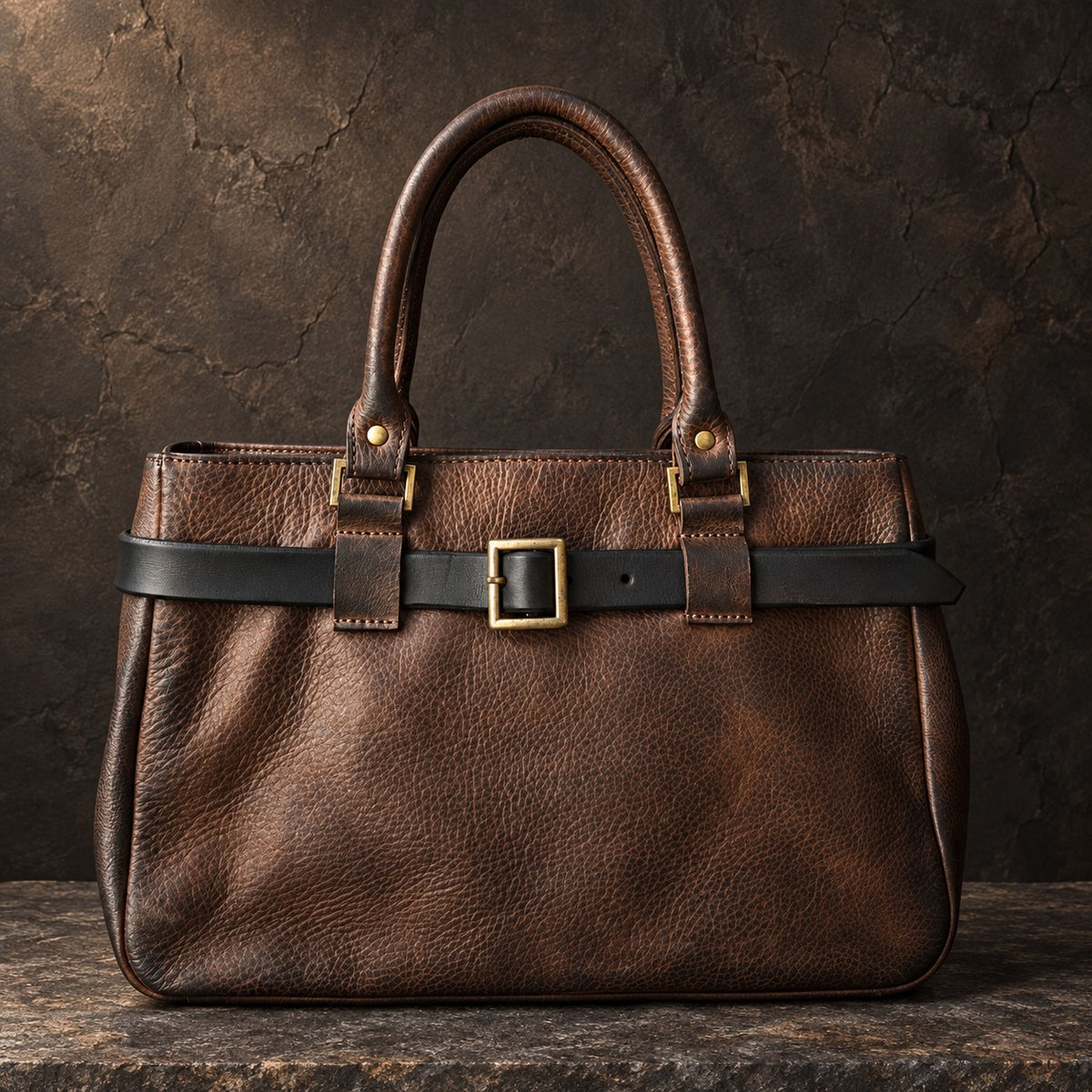 Hand-dyed dark brown leather handbag with removable black belt and square brass buckle by ISHAOR