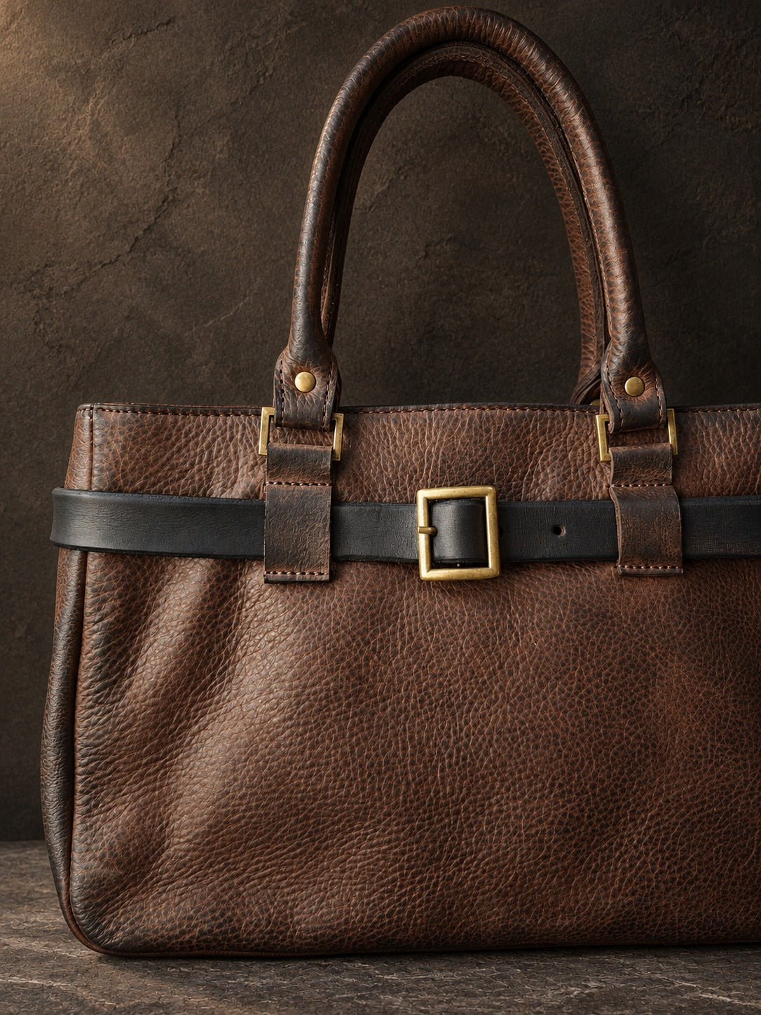 Dark brown women's leather handbag with interchangeable belt – front view