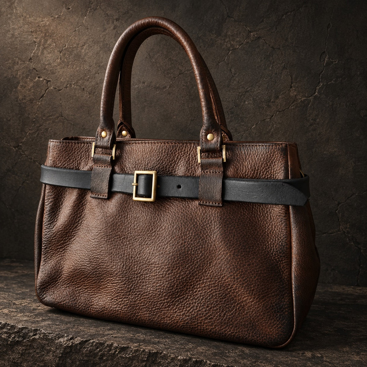 Dark brown leather handbag – angled view showing the removable belt