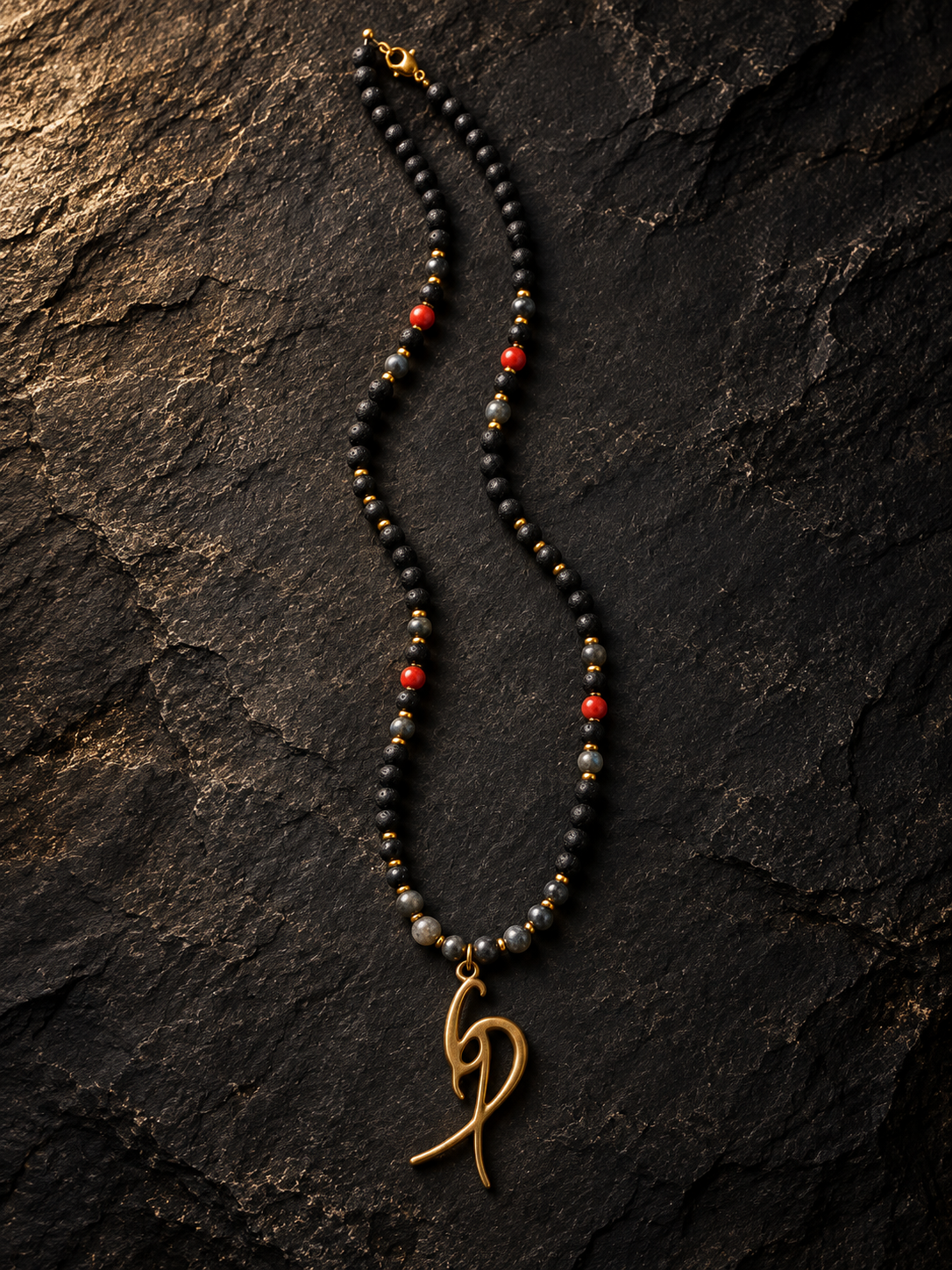 Men’s Black Beaded Necklace with Red Accents & Signature Gold-Tone Pendant