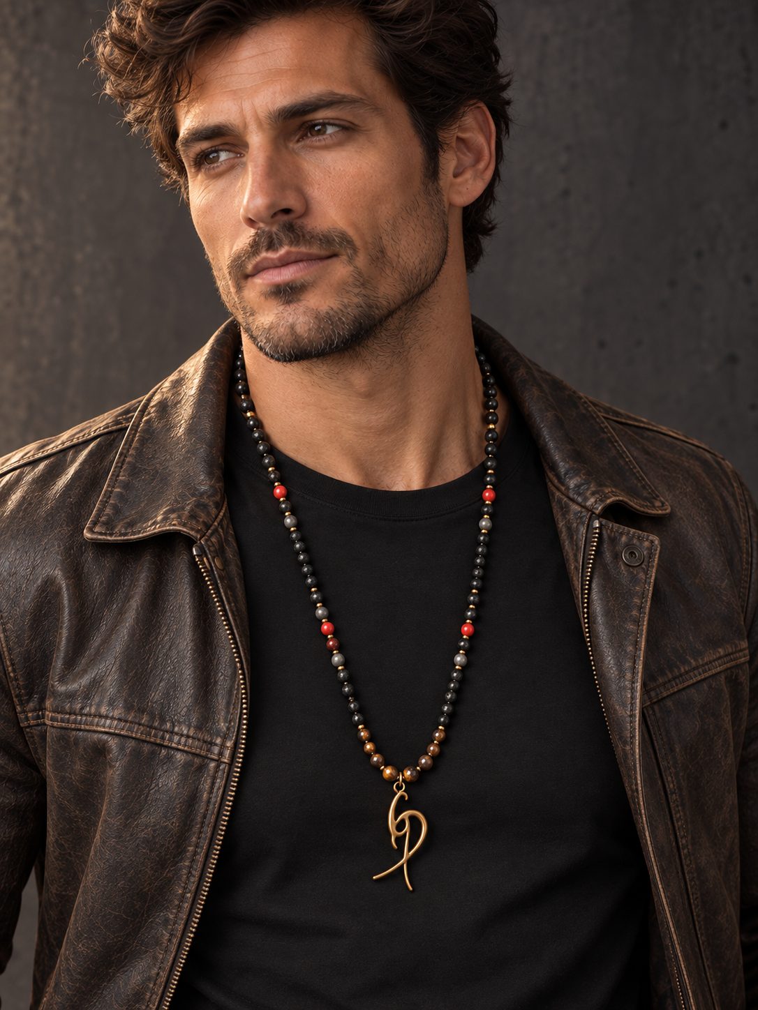 Men’s Black & Brown Beaded Necklace with Red Accents and Gold-Tone Pendant