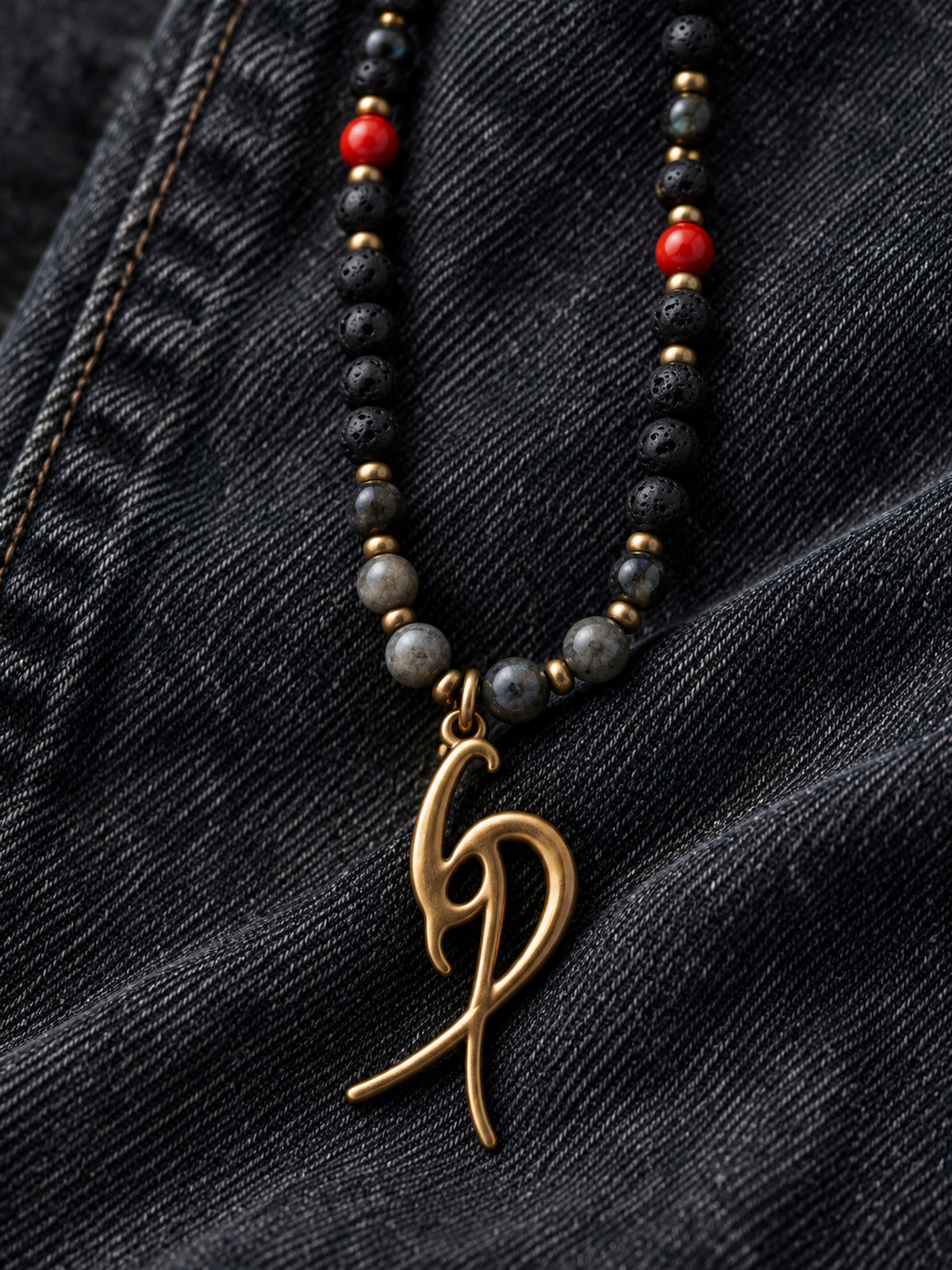 Men’s Black Beaded Necklace with Red Accents & Signature Gold-Tone Pendant