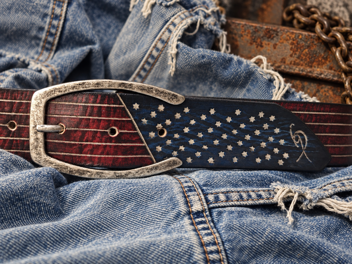 Handmade American Flag Leather Belt with Horseshoe Buckle - 42cm Wide Vintage Style for American Lovers