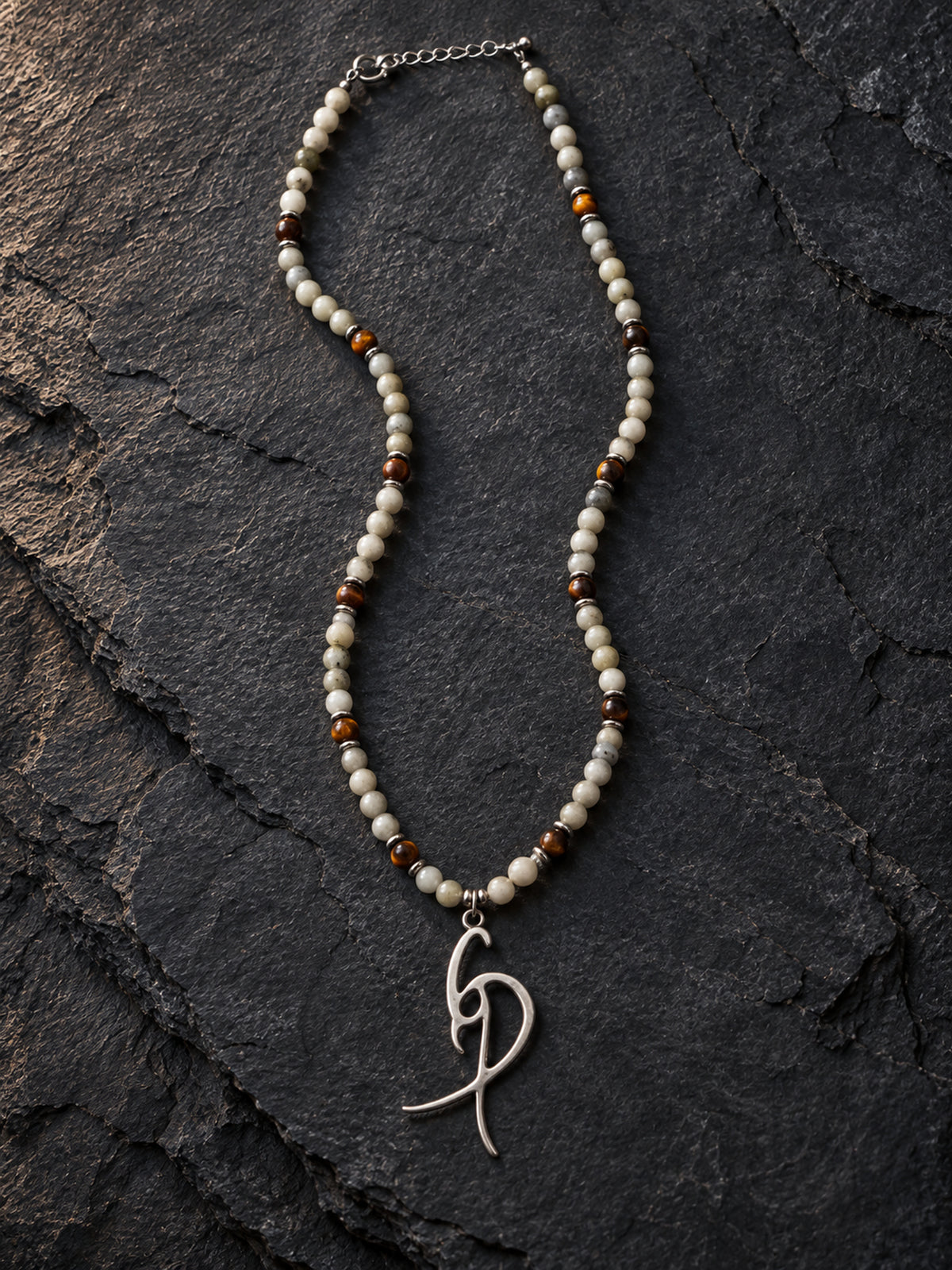 Men’s Cream & Brown Beaded Necklace with Signature Silver-Tone Pendant